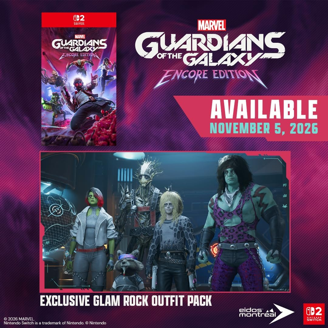 Image promotionnelle de Marvel's Guardians of the Galaxy Encore Edition avec des tenues glam rock exclusives.