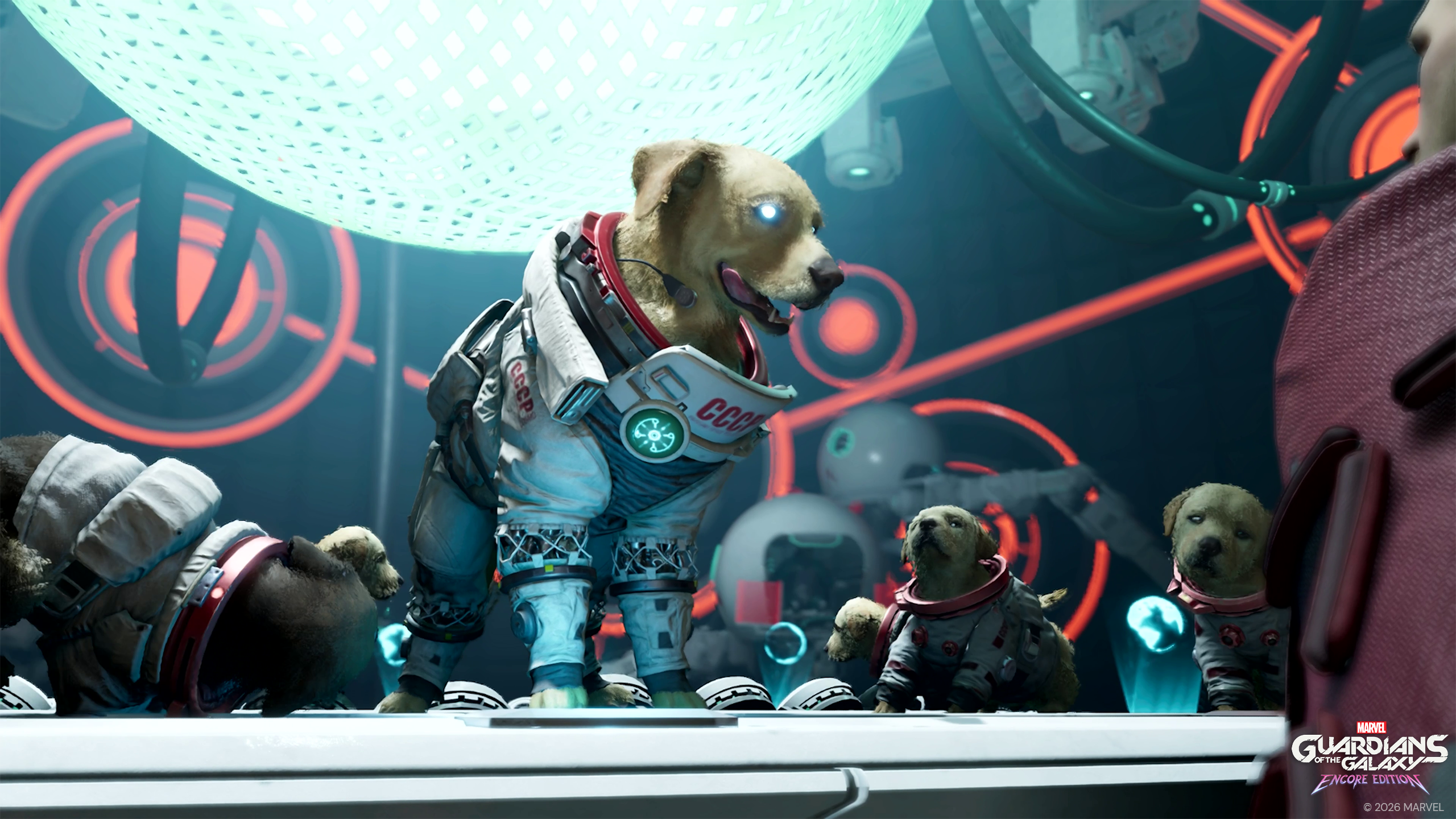 Un chien en combinaison spatiale se tient devant une grande sphère lumineuse, entouré de chiens plus petits.