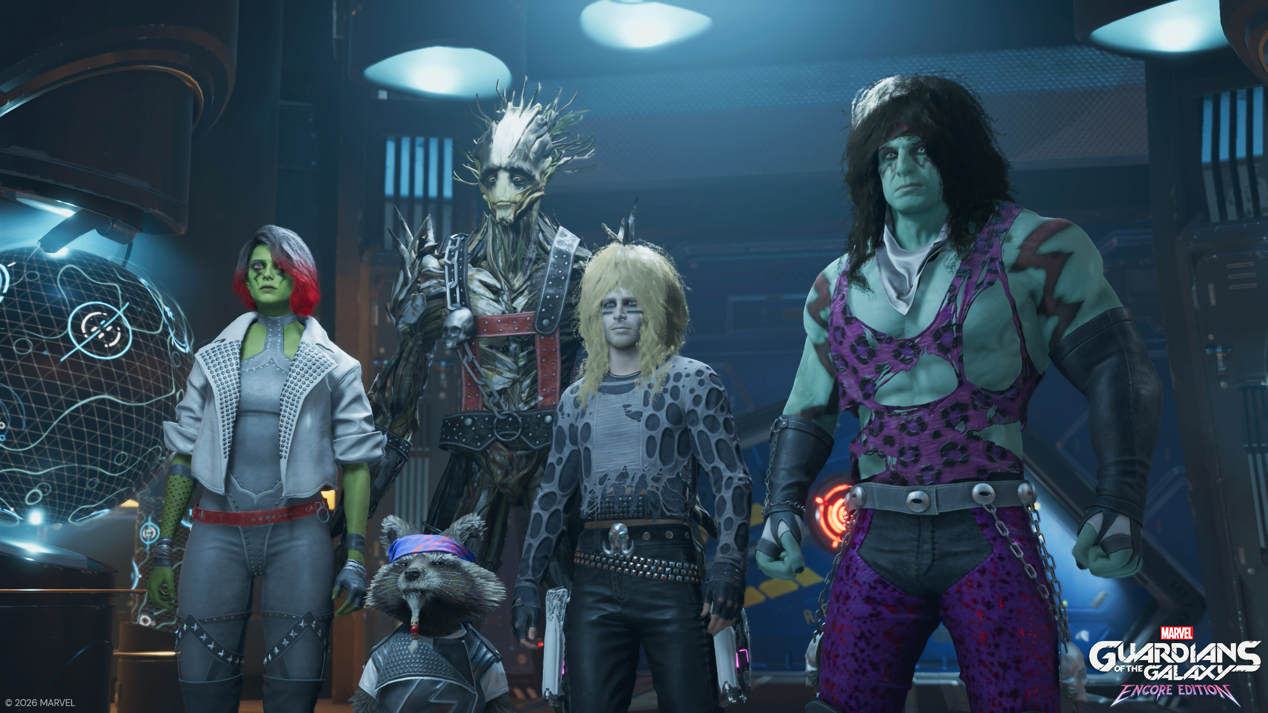 Cinq personnages des Gardiens de la Galaxie en tenue de rockeur se tiennent dans un lieu futuriste.