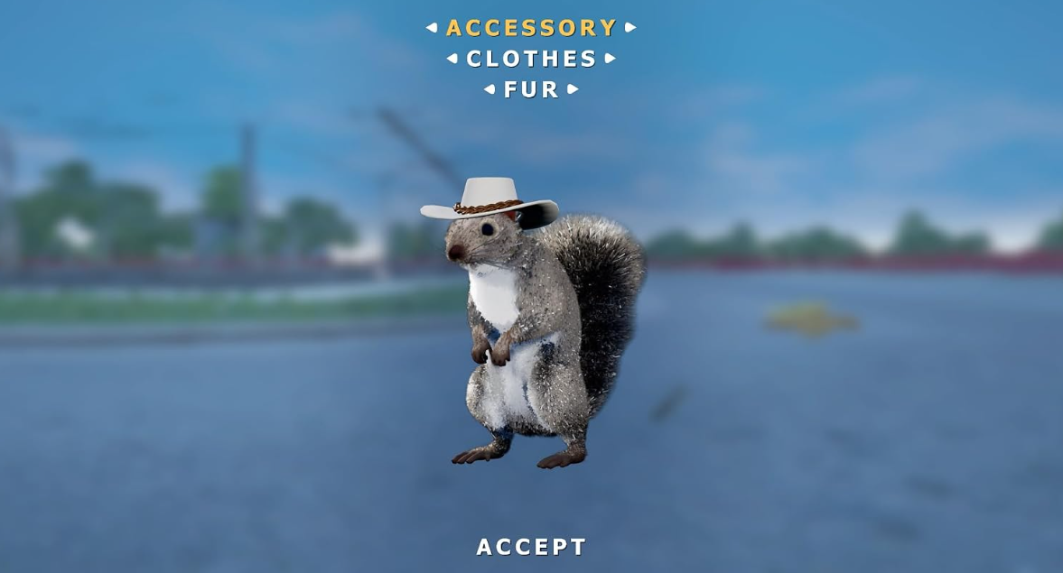 Ein graues Eichhörnchen mit einem weißen Cowboyhut steht auf einem blauen Hintergrund mit Menüoptionen.