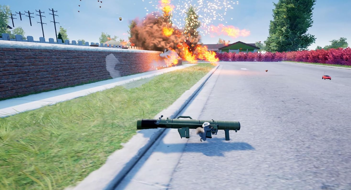 Ein Eichhörnchen steuert eine Panzerfaust auf einer Straße, während dahinter eine Explosion stattfindet.