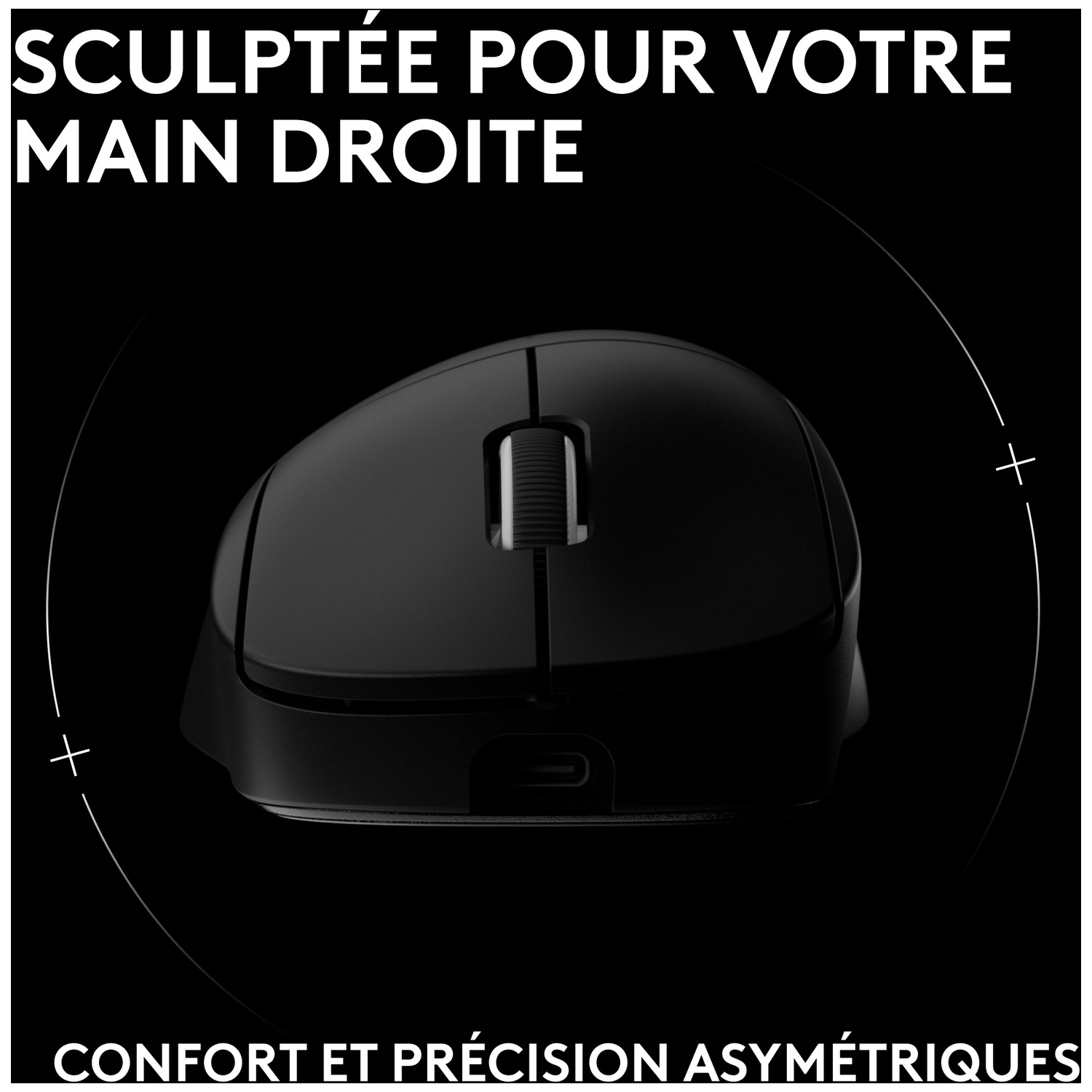 Souris d'ordinateur ergonomique noire pour droitier avec molette sur fond sombre.