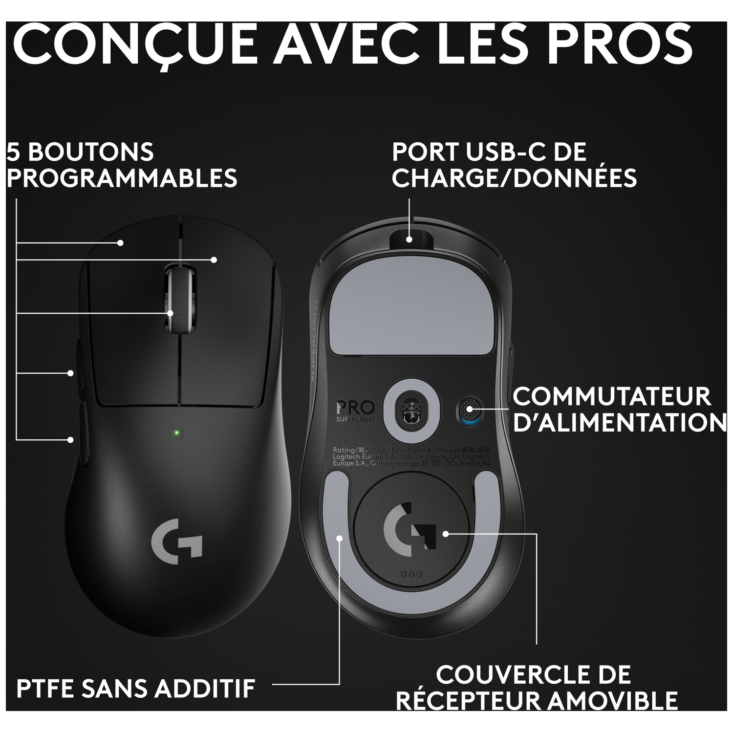 Schéma d'une souris gaming noire avec des étiquettes expliquant les boutons, le port USB-C et les patins en PTFE.