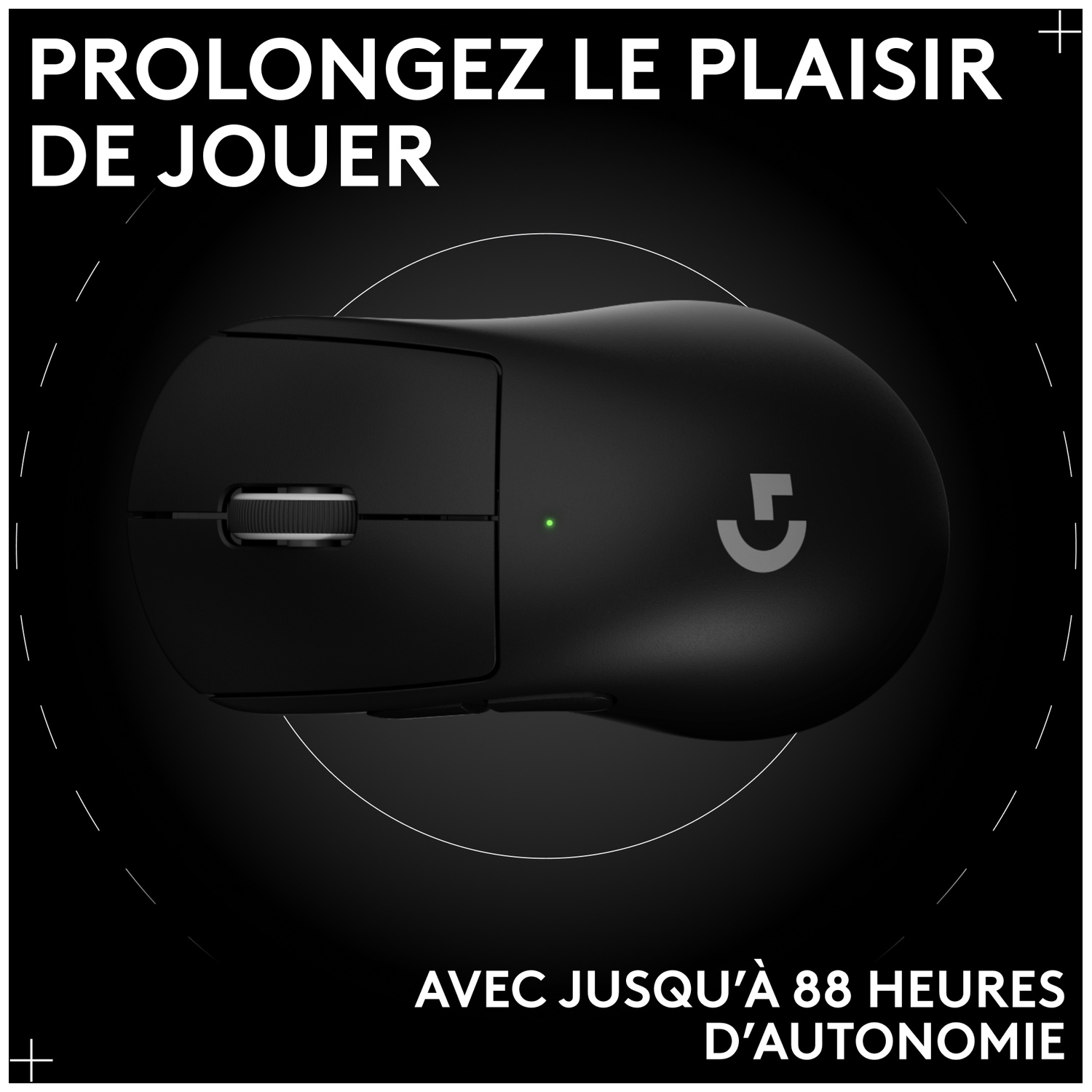 Une souris de jeu sans fil noire avec un voyant d'état vert et du texte blanc sur fond noir.
