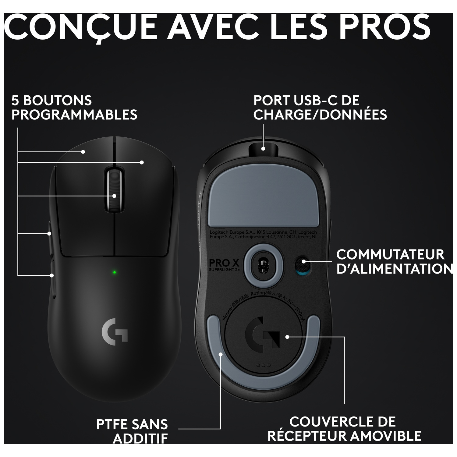 Vues supérieure et inférieure d'une souris de jeu sans fil noire avec des étiquettes en français.
