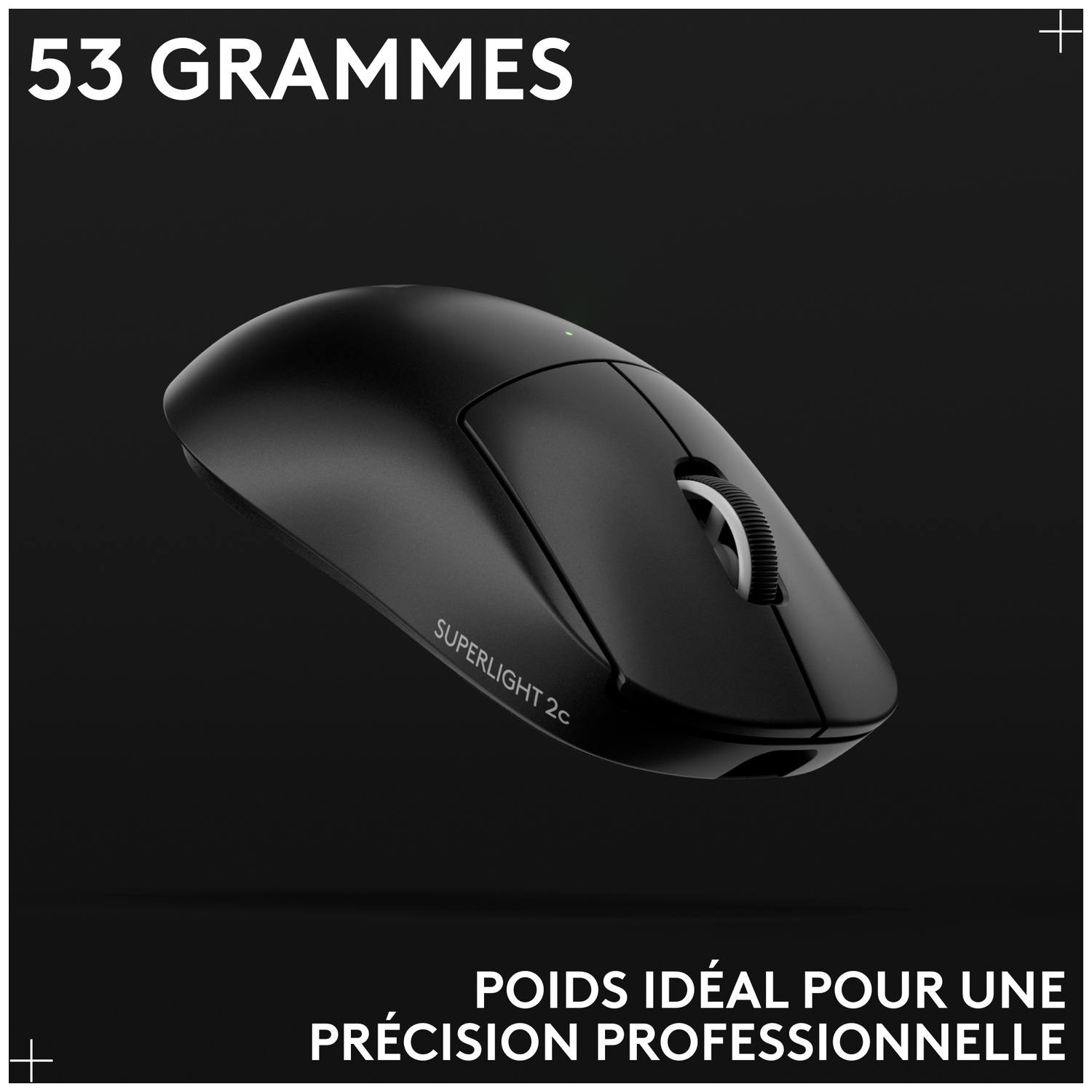 Souris d'ordinateur sans fil noire sur fond sombre avec texte blanc.