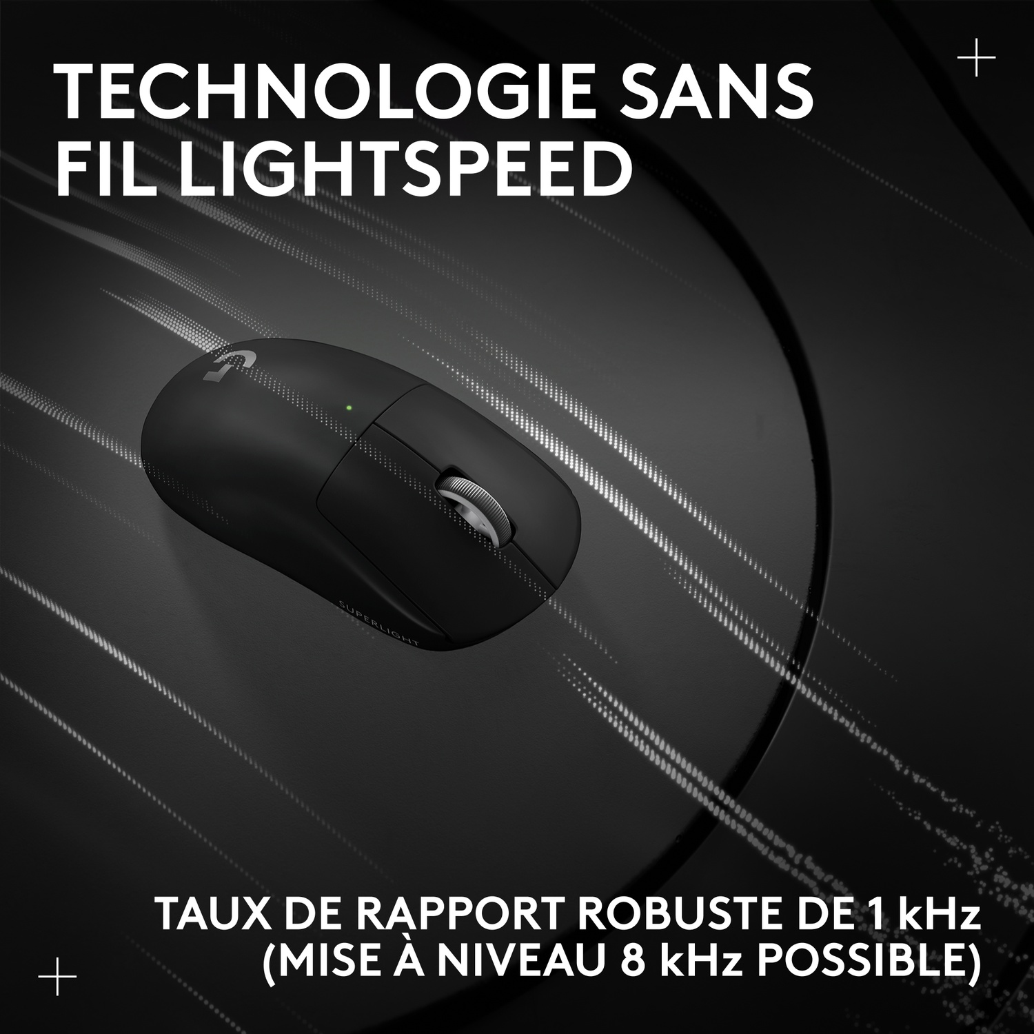 Souris d'ordinateur sans fil noire avec molette de défilement lumineuse sur fond sombre et superposition de texte.