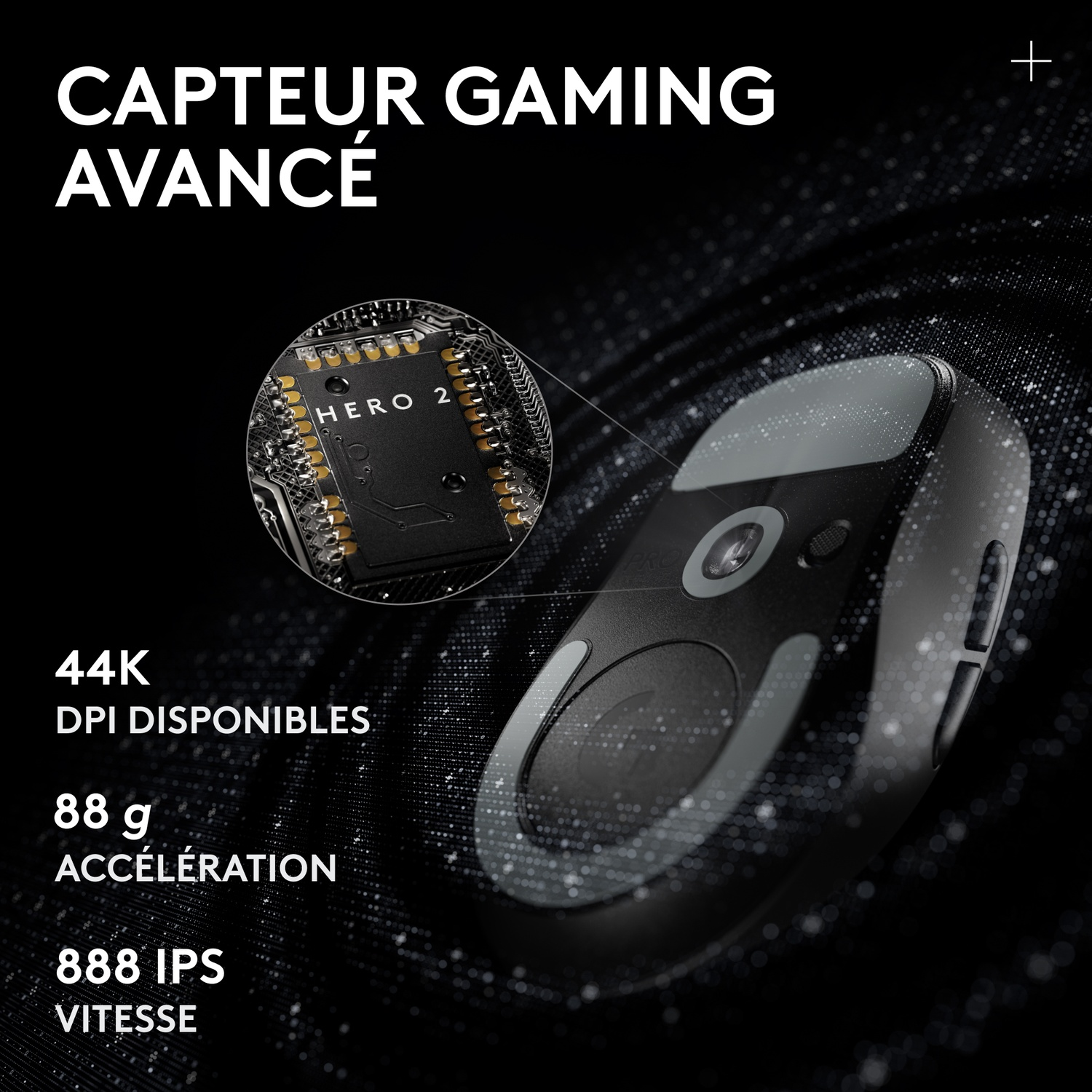 Souris de jeu noire avec capteur Hero 2, 44K DPI, 88g et texte.