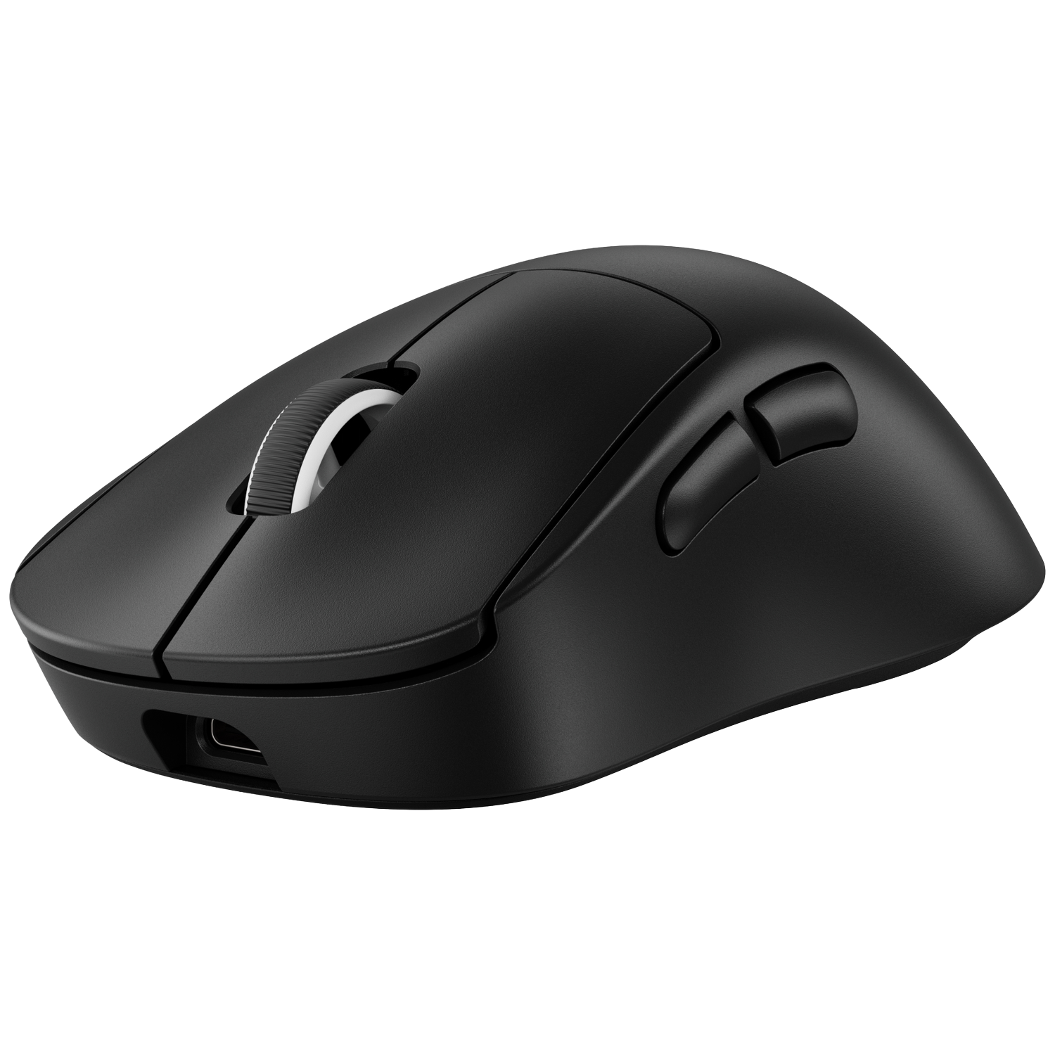 Une souris d'ordinateur sans fil noire avec deux boutons latéraux et une molette sur fond noir.