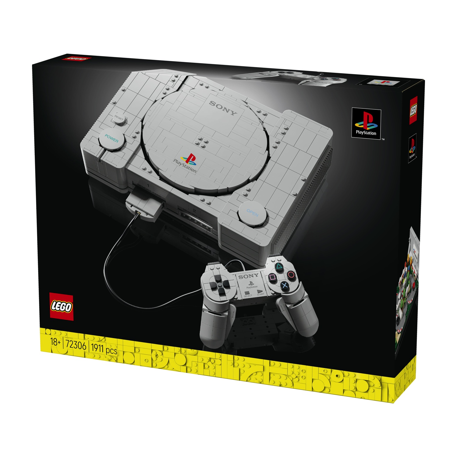 Scatola Lego nera con una console PlayStation grigia costruita e un controller in mattoncini.