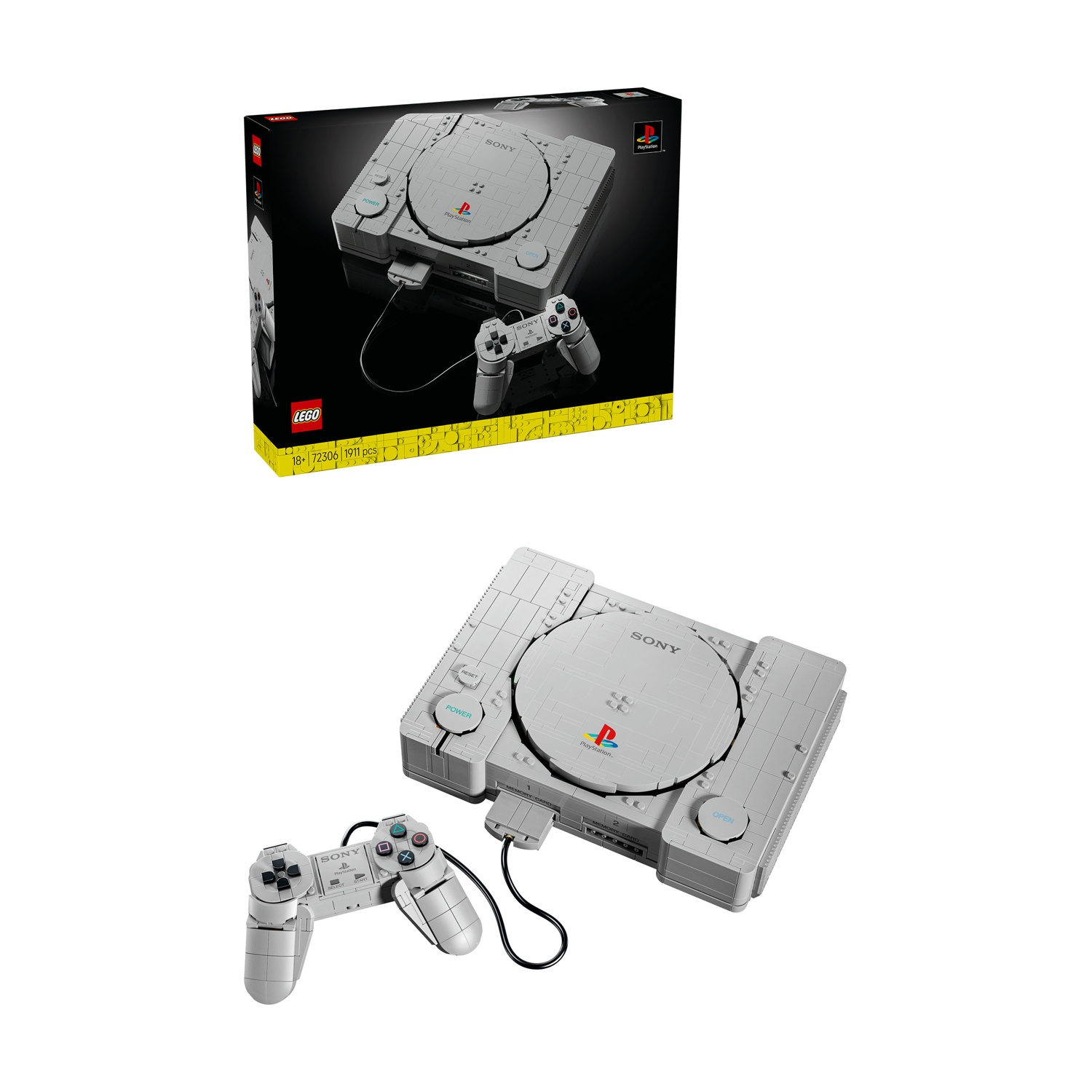 Set Lego raffigurante una console PlayStation 1 grigia e un controller, con scatola.