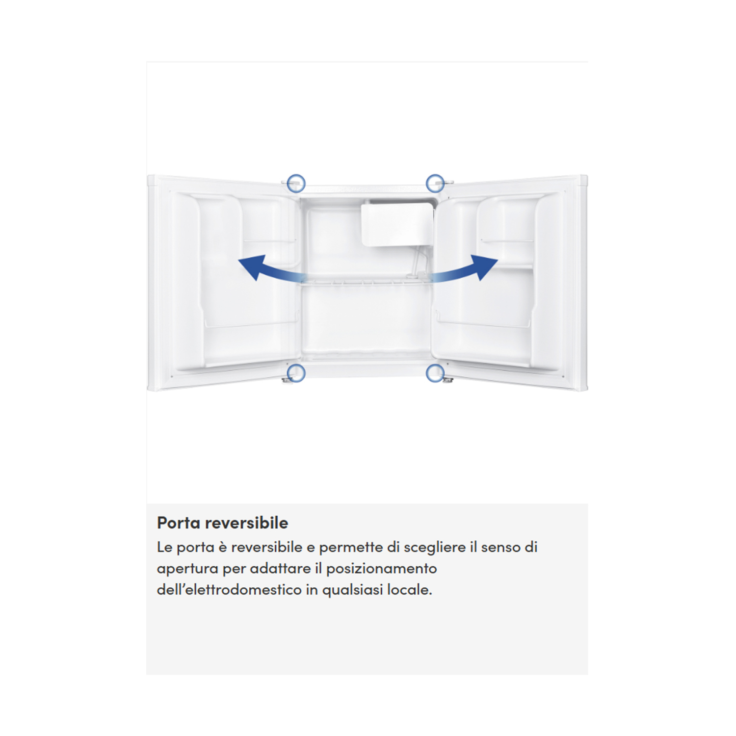 Schema di un piccolo frigorifero con porta reversibile e frecce direzionali blu.