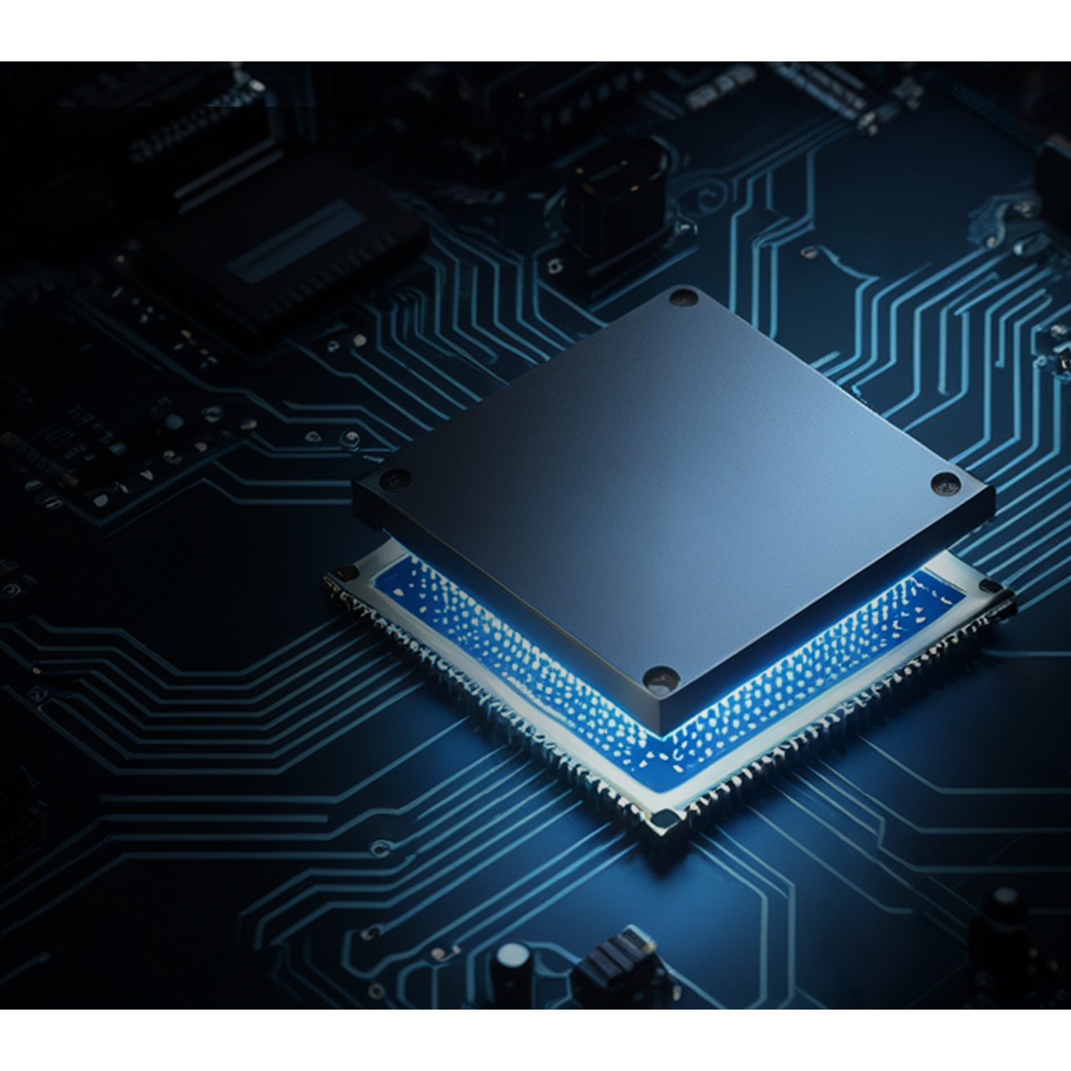 Un processeur d'ordinateur bleu brillant repose sur un circuit imprimé sombre.