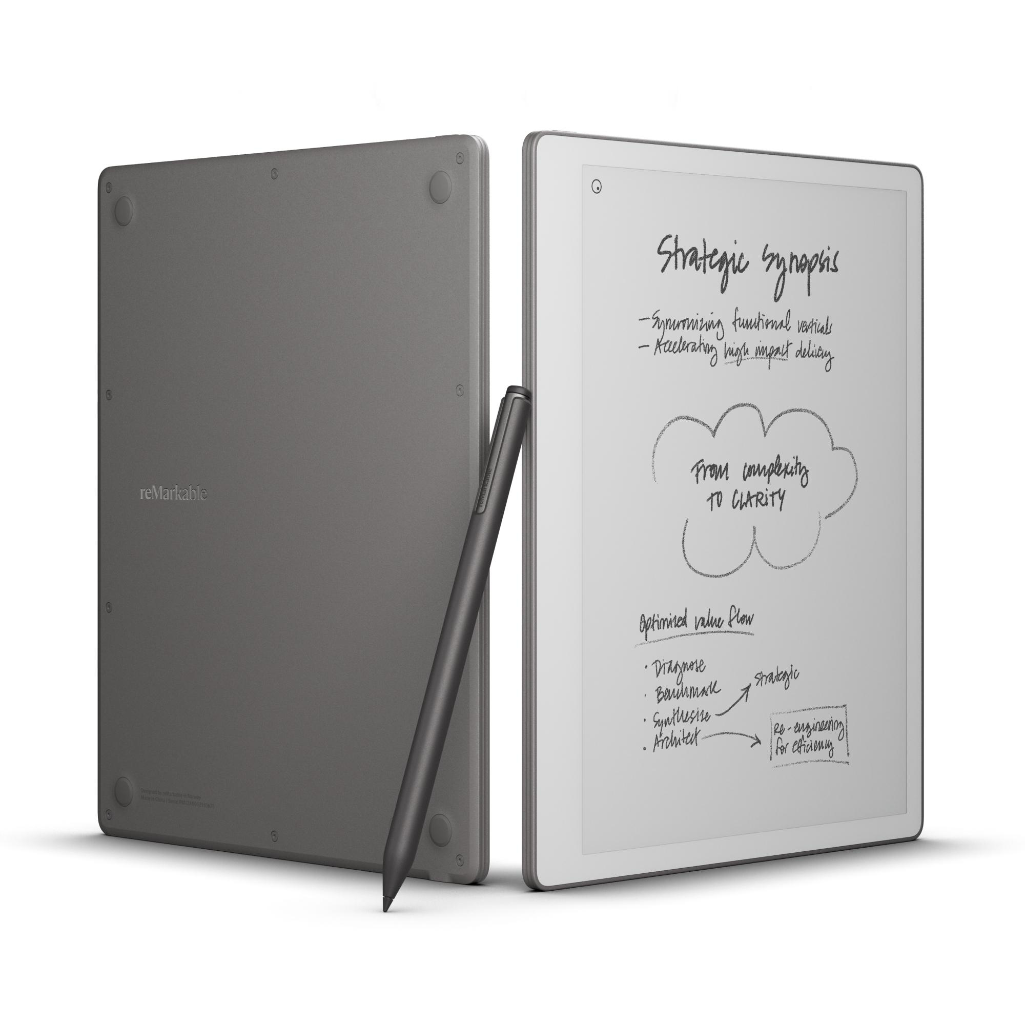 Zwei graue E-Paper-Tablets stehen nebeneinander, mit handgeschriebenen Notizen auf dem Bildschirm und einem Stift davor.