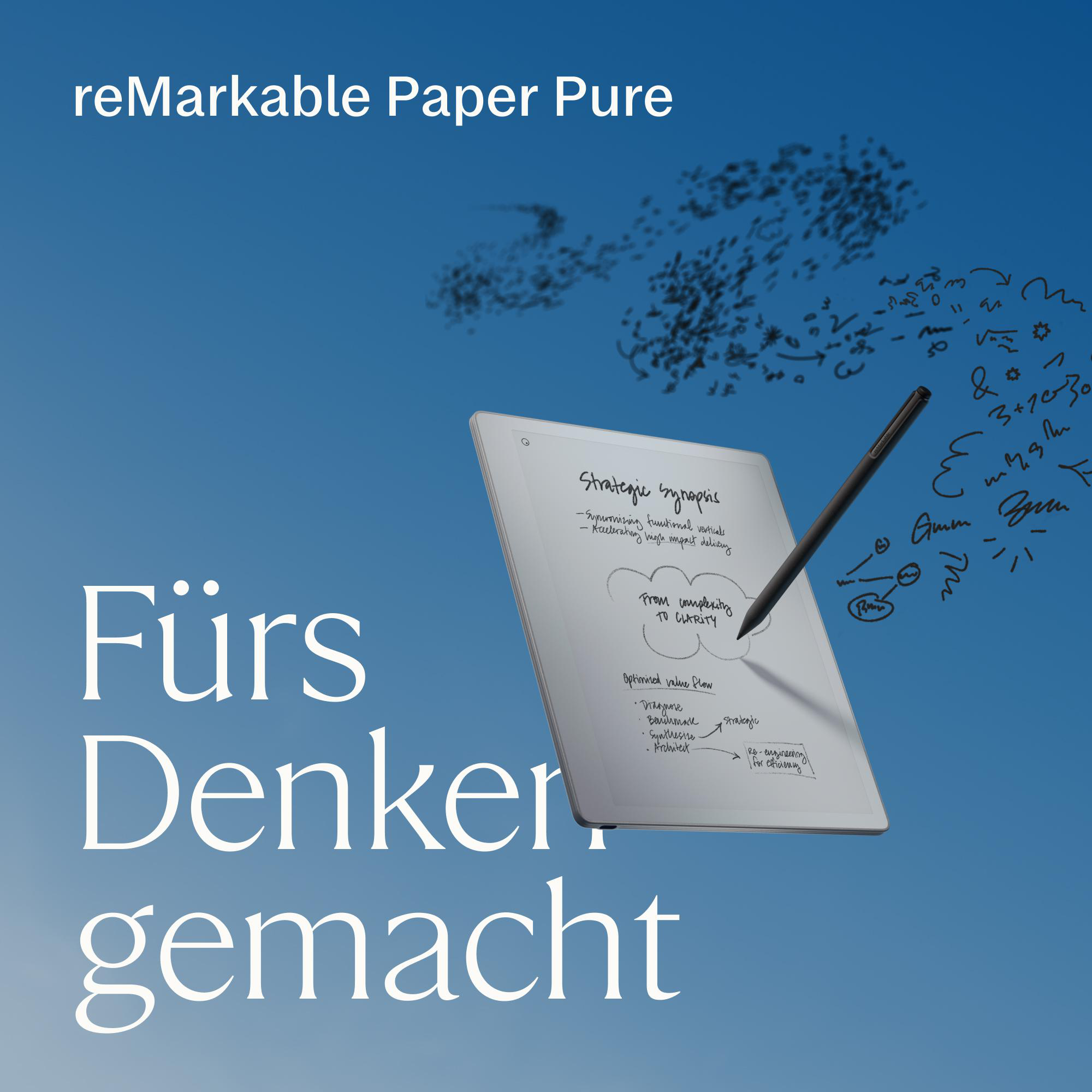 Ein ReMarkable Tablet mit Stift auf blauem Hintergrund und deutscher Text.