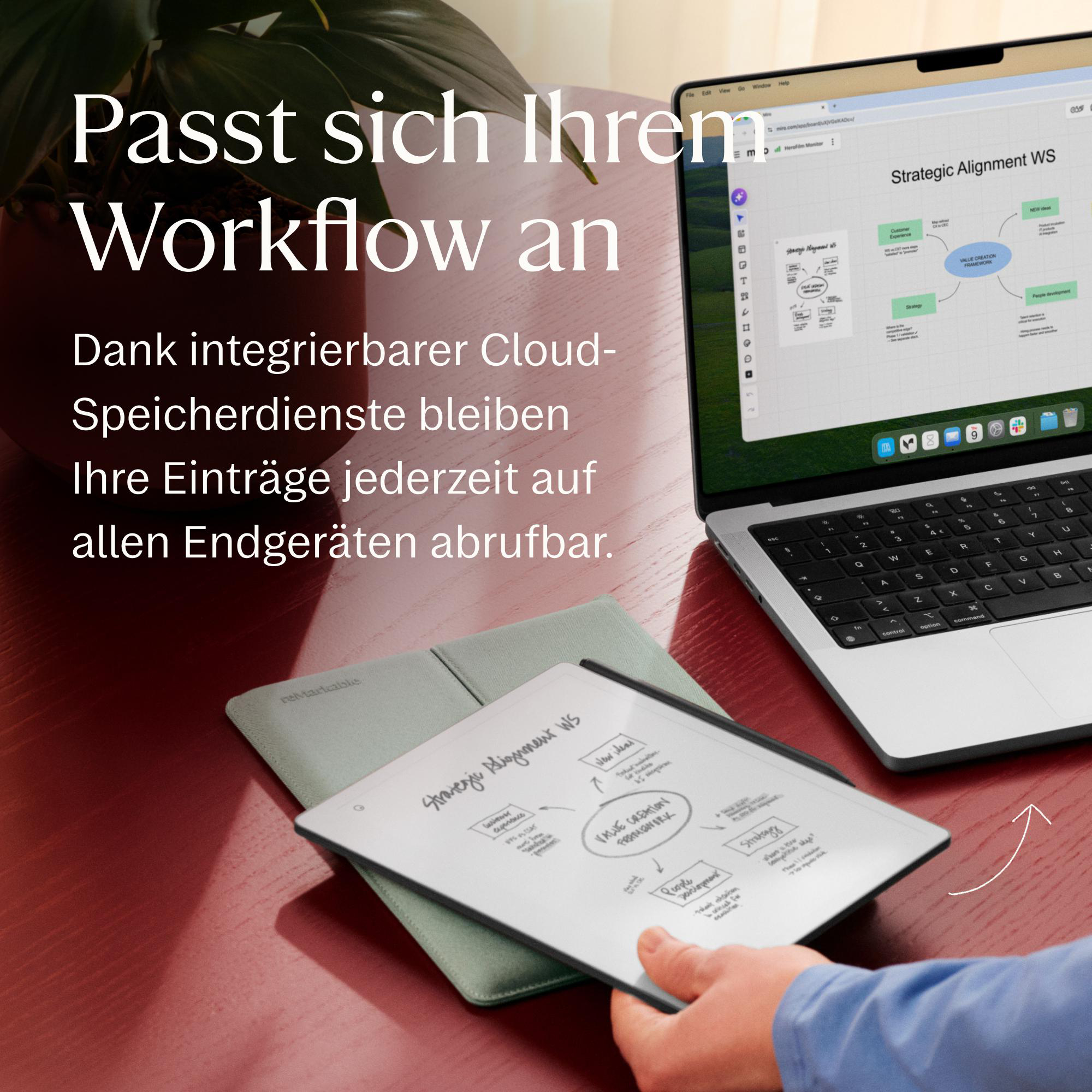 Laptop und digitales Tablet auf einem roten Tisch mit Text-Overlay auf Deutsch.