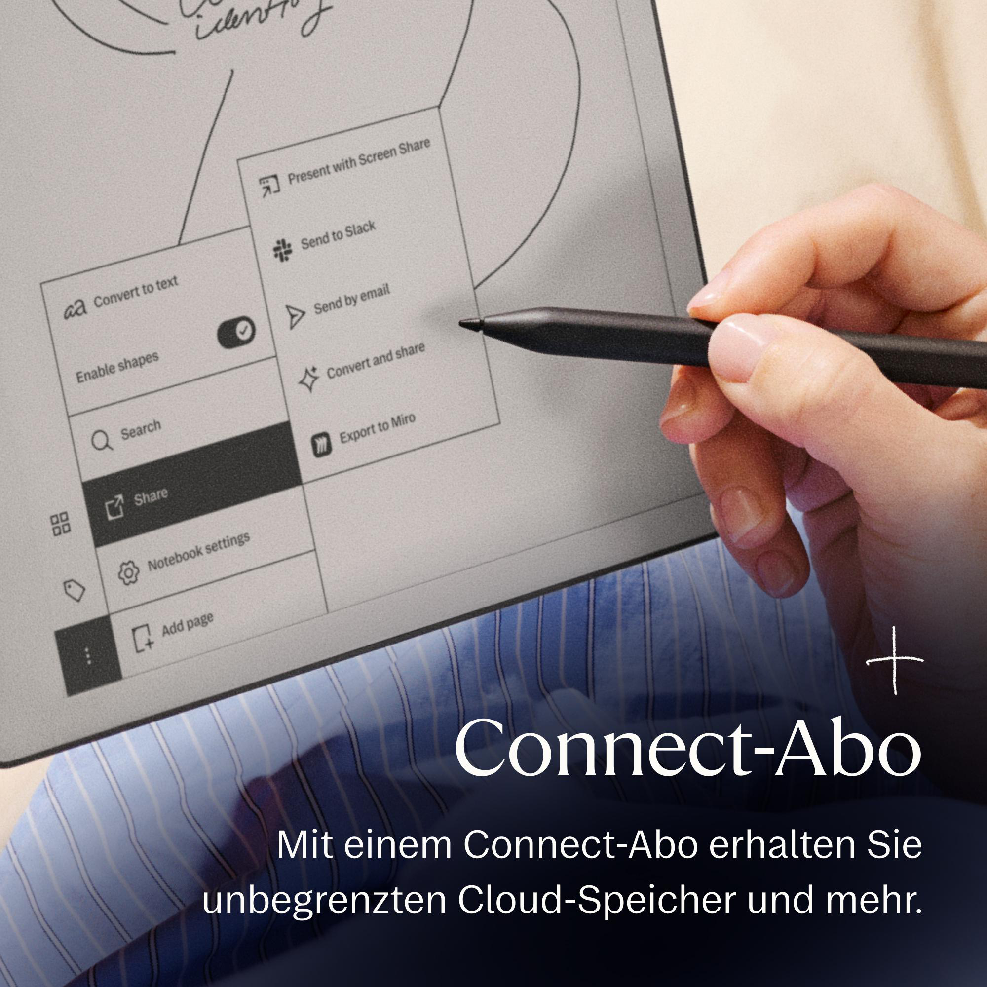 Hand hält Stift und tippt auf E-Reader-Bildschirm mit Share-Menü.