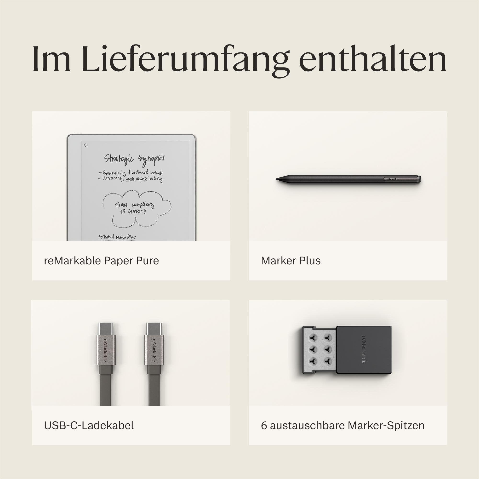 Lieferumfang: reMarkable Paper, Marker Plus, USB-C-Ladekabel und sechs austauschbare Marker-Spitzen.