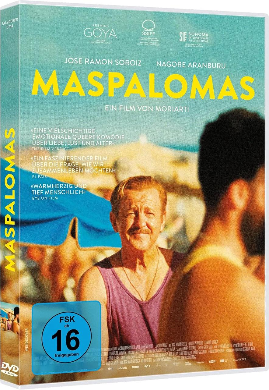 DVD-Cover des Films Maspalomas mit einem smiling Mann im Vordergrund und Texten in gelb und weiß.