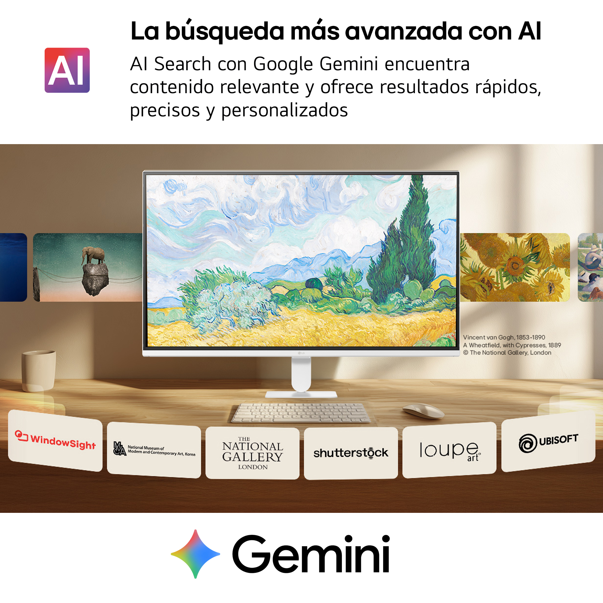 Un monitor blanco en un escritorio muestra la pintura de Van Gogh con búsqueda de IA y logos abajo.
