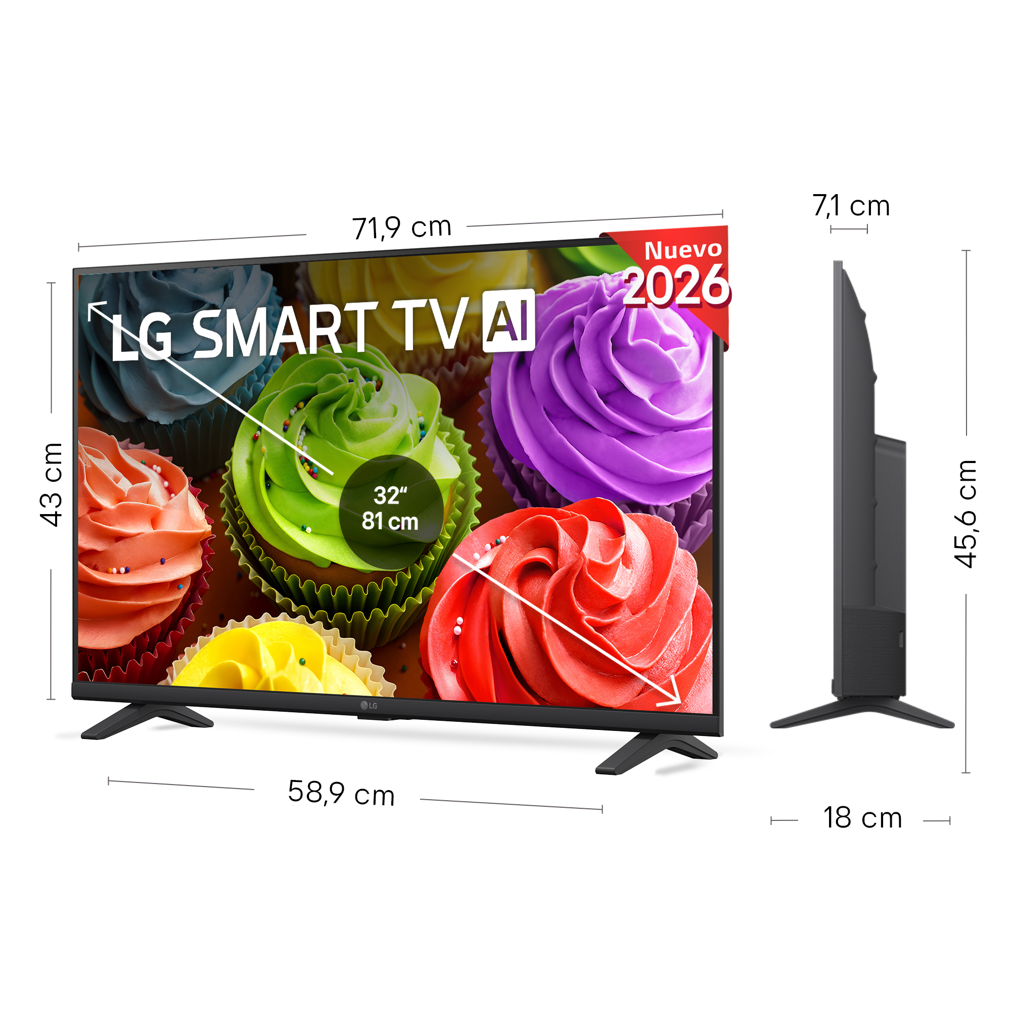 Smart TV LG con cupcakes coloridos en pantalla, mostrando dimensiones en cm de frente y perfil.