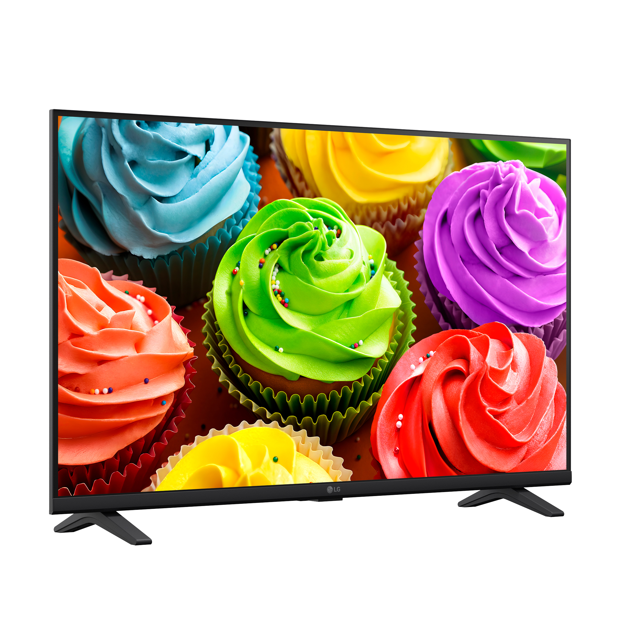 Un televisor LG muestra una imagen colorida de cupcakes decorados brillantemente en la pantalla.