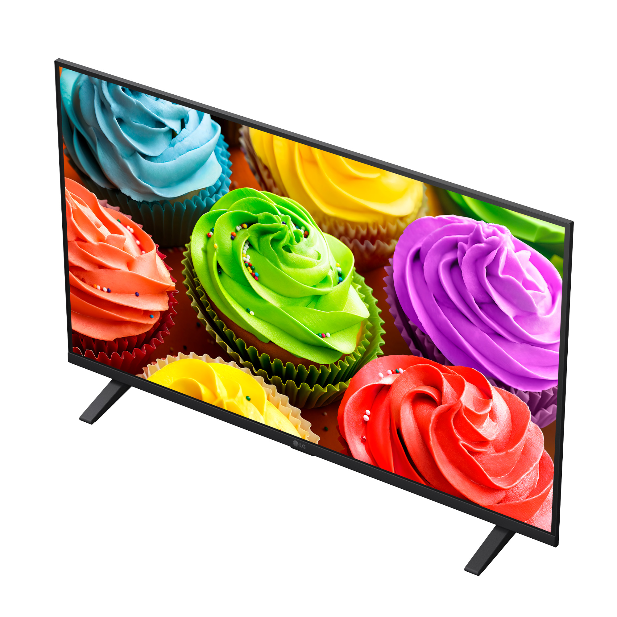 Un televisor moderno muestra pastelitos coloridos con glaseado vívido sobre un fondo blanco.