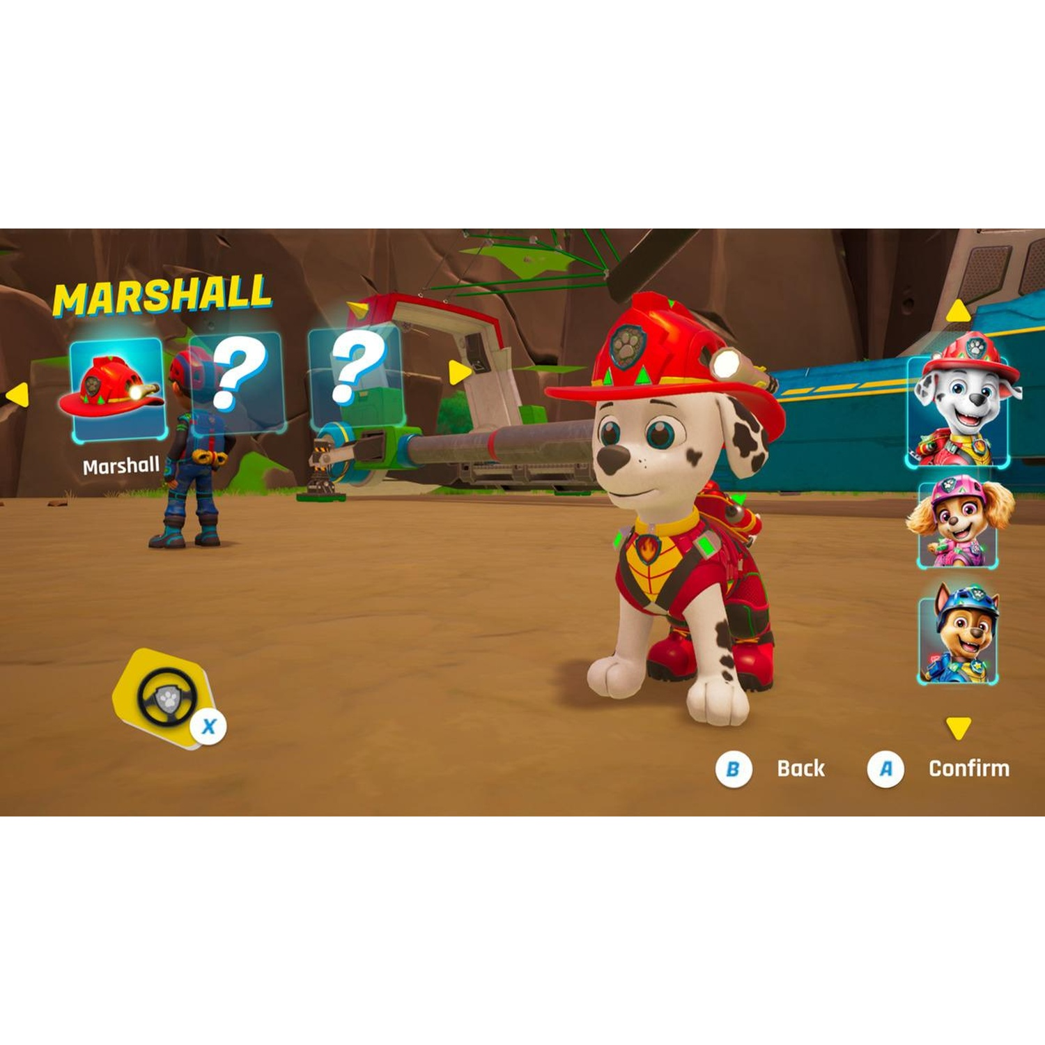 Menu de jeu avec Marshall de Paw Patrol sur un sol marron et divers éléments d'interface.