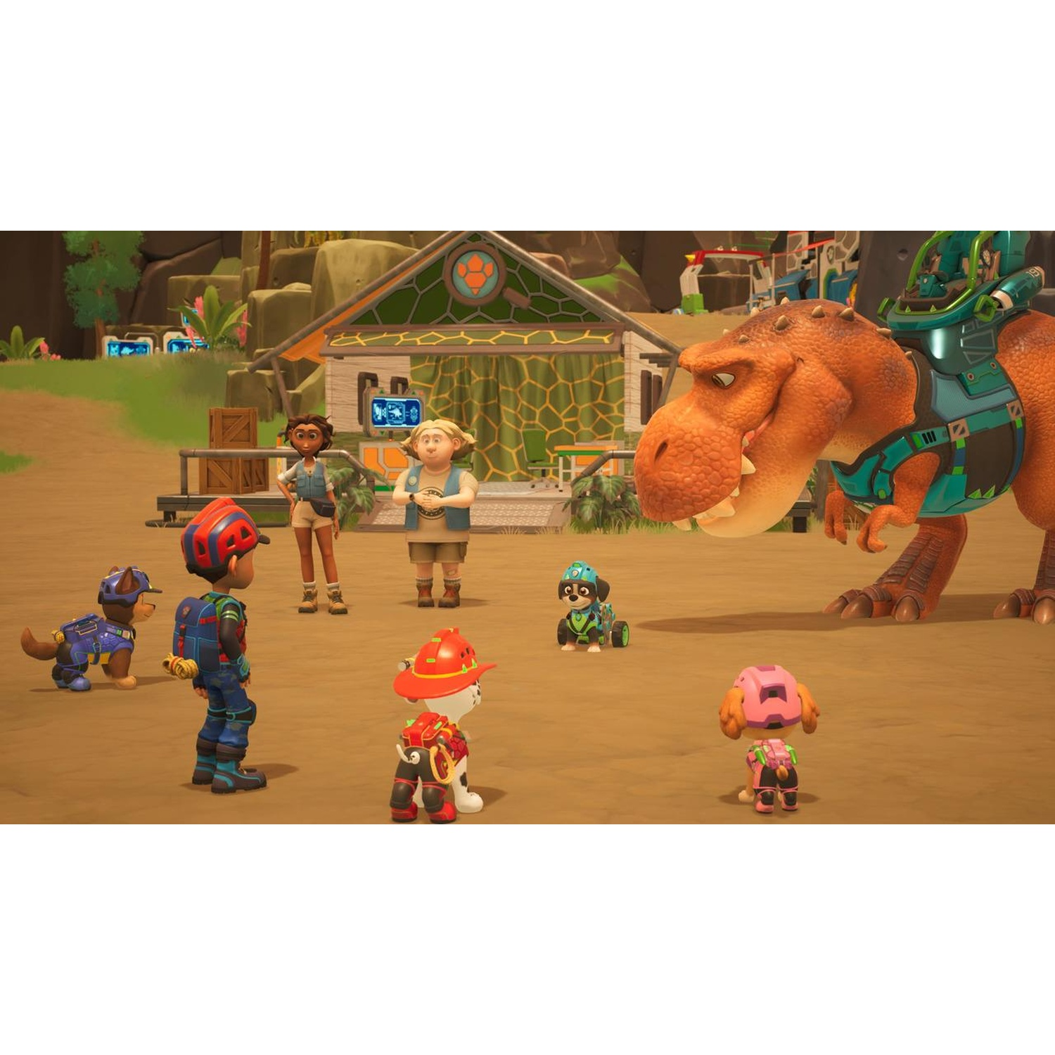 Les personnages de PAW Patrol et des humains se tiennent près d'un T-Rex.