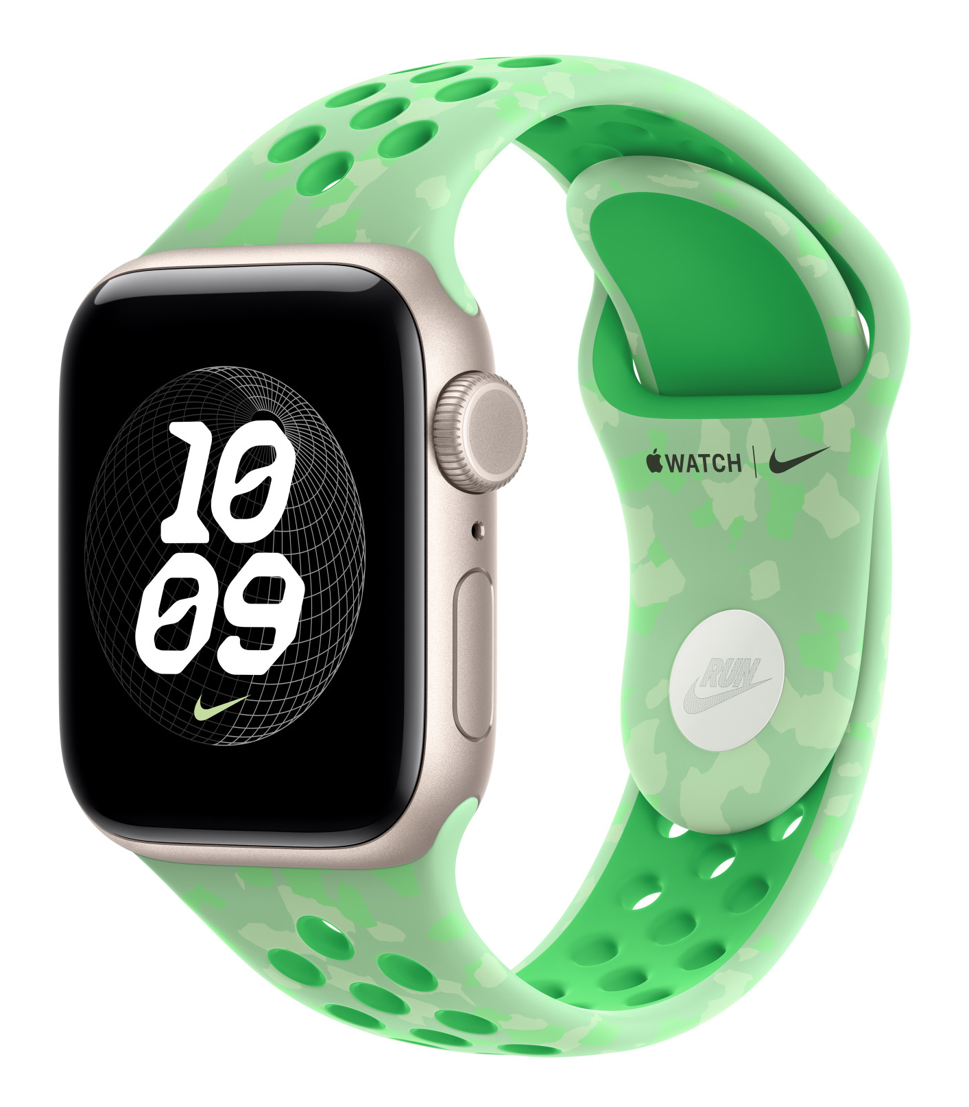 Zegarek Apple Watch ze srebrną kopertą i jasnozielonym, perforowanym paskiem sportowym Nike.