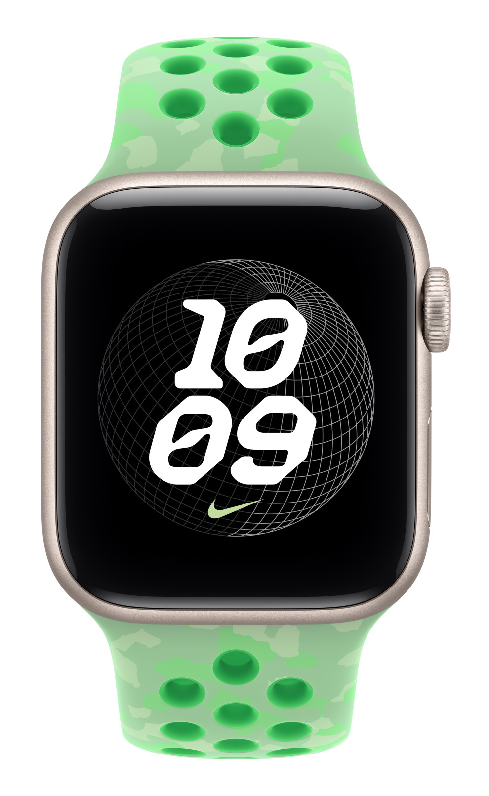 Smartwatch z zielonym perforowanym silikonowym paskiem i tarczą wskazującą 10:09.