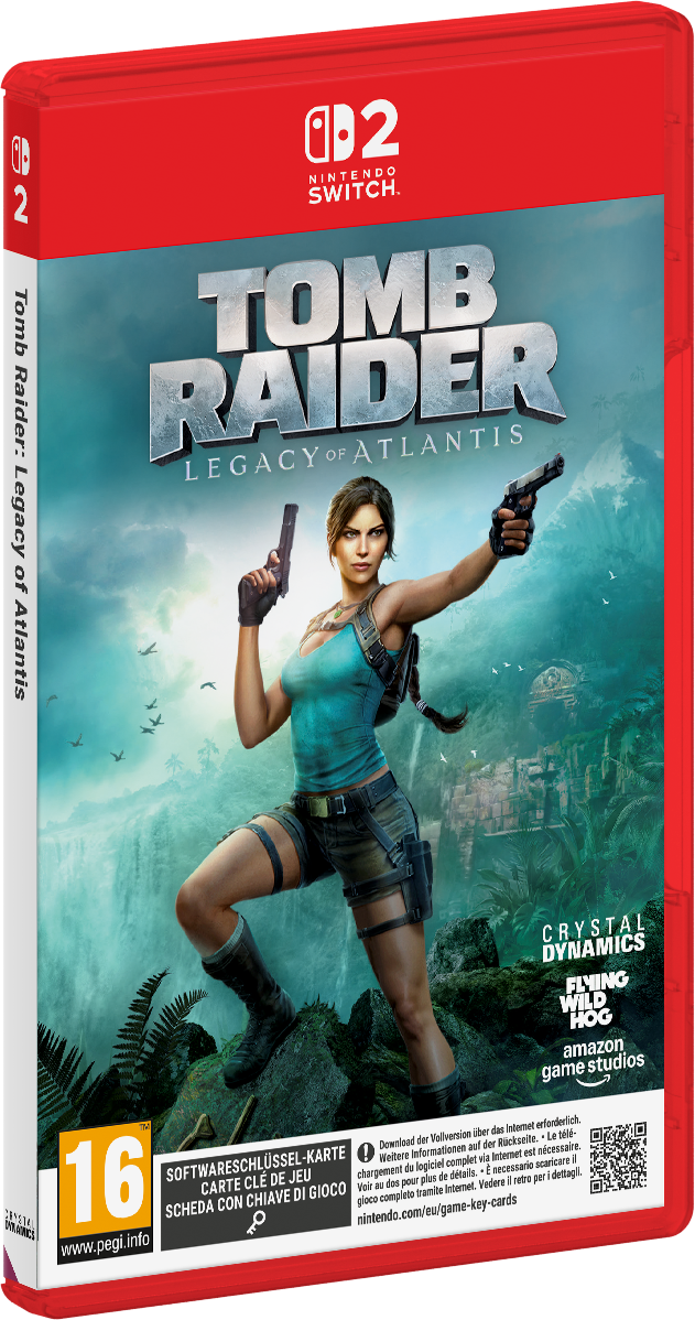 Nintendo Switch 2 Hülle für Tomb Raider: Legacy of Atlantis mit Lara Croft mit zwei Pistolen im Dschungel.