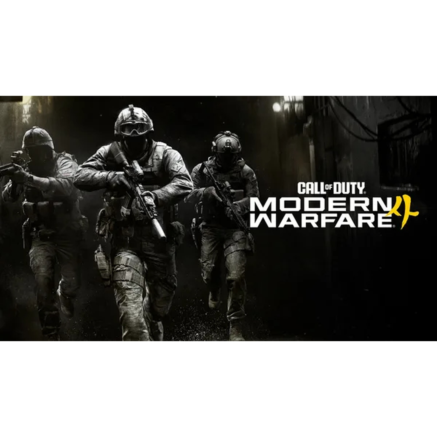 Trois soldats lourdement armés courent dans un décor urbain sombre de nuit, avec le logo Call of Duty Modern Warfare à droite.