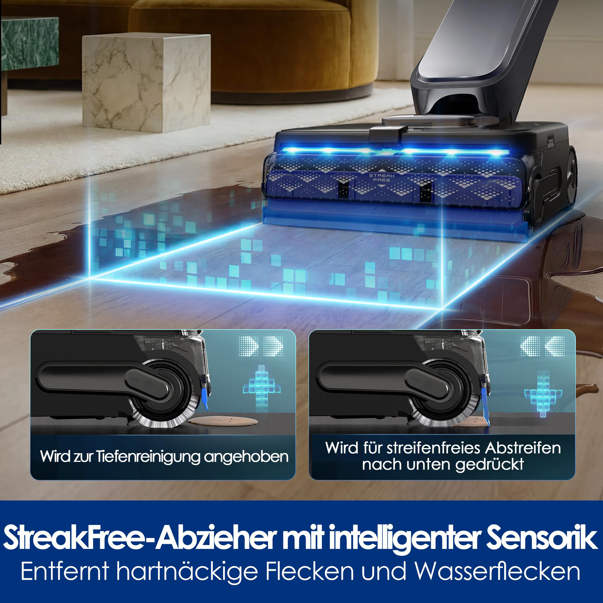 Ein Bodenreiniger mit blauen Sensorlichtern wischt einen nassen Holzboden, gezeigt mit zwei Einsatzdiagrammen.