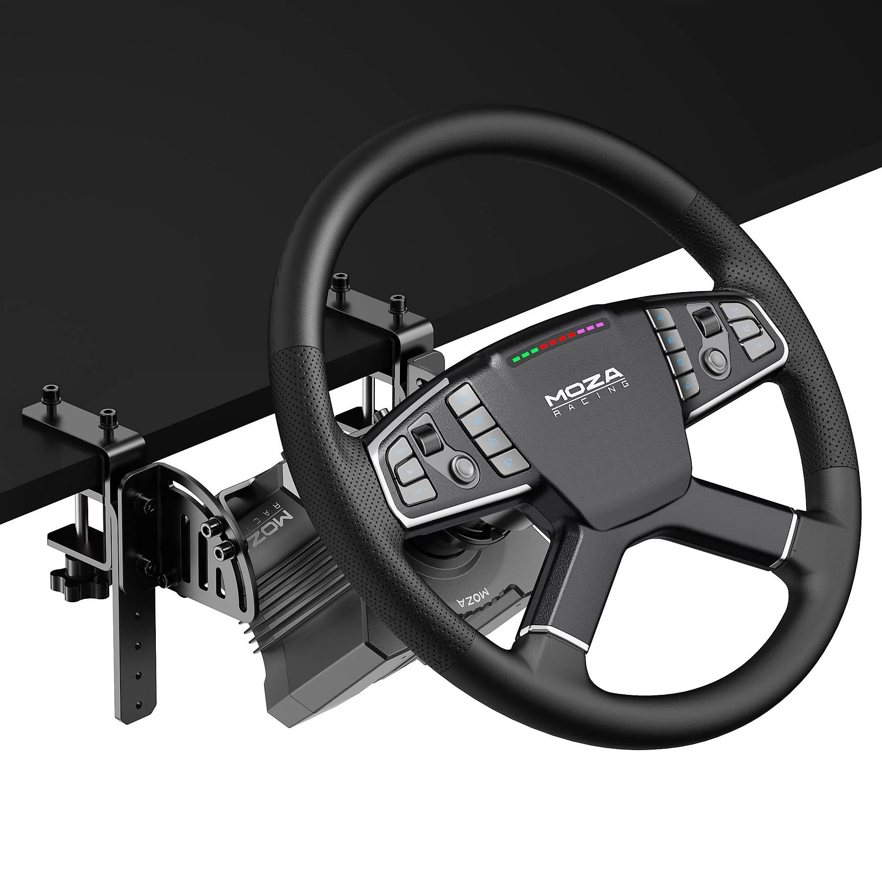 Ein schwarzes Moza Racing Lenkrad mit Tasten und LED-Leisten, befestigt an einem Tisch.