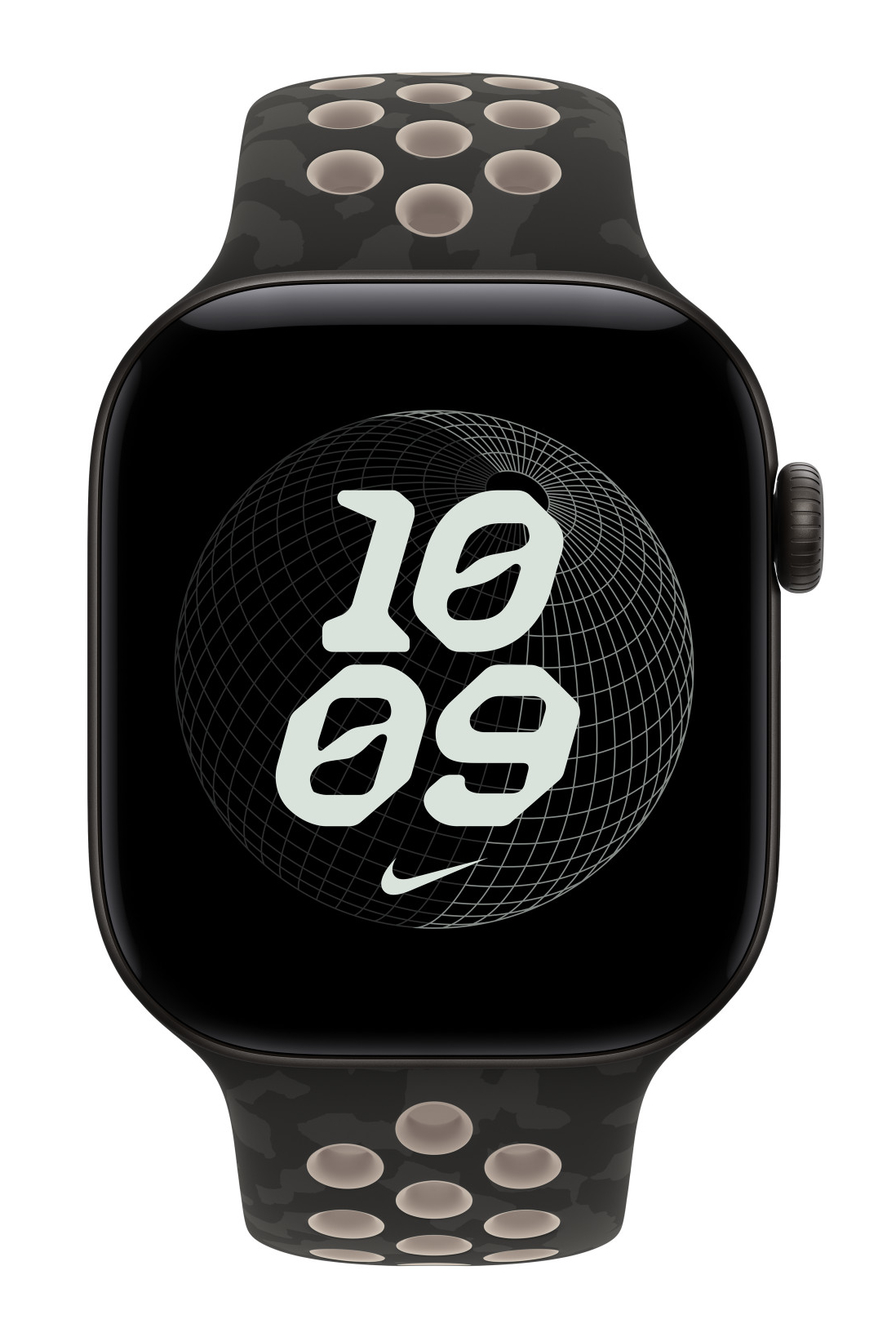 Czarny smartwatch z perforowanym paskiem i tarczą pokazującą godzinę 10:09 na tle siatkowego globu.