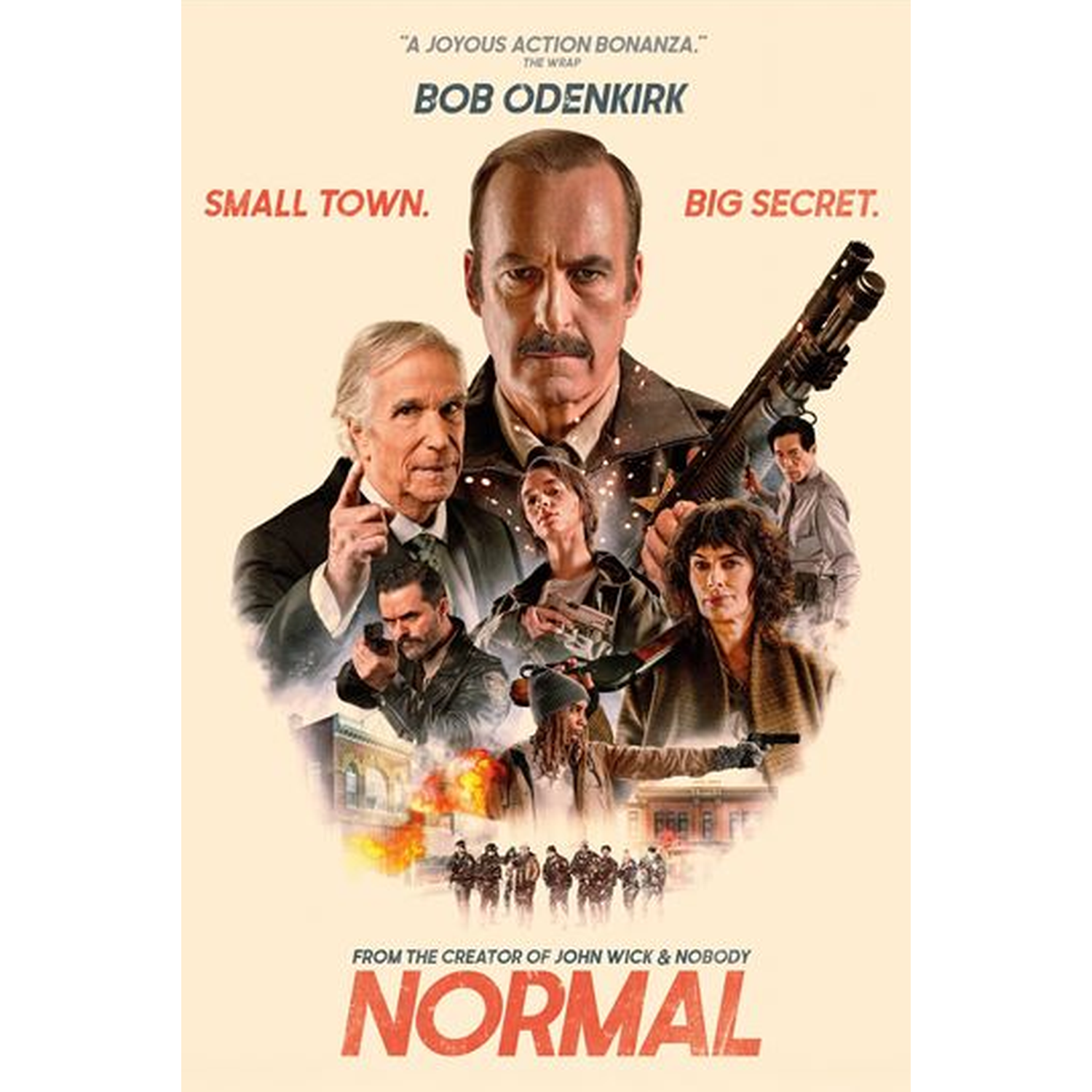 Filmposter voor Normal met Bob Odenkirk en andere acteurs die wapens vasthouden tegen een lichte achtergrond.