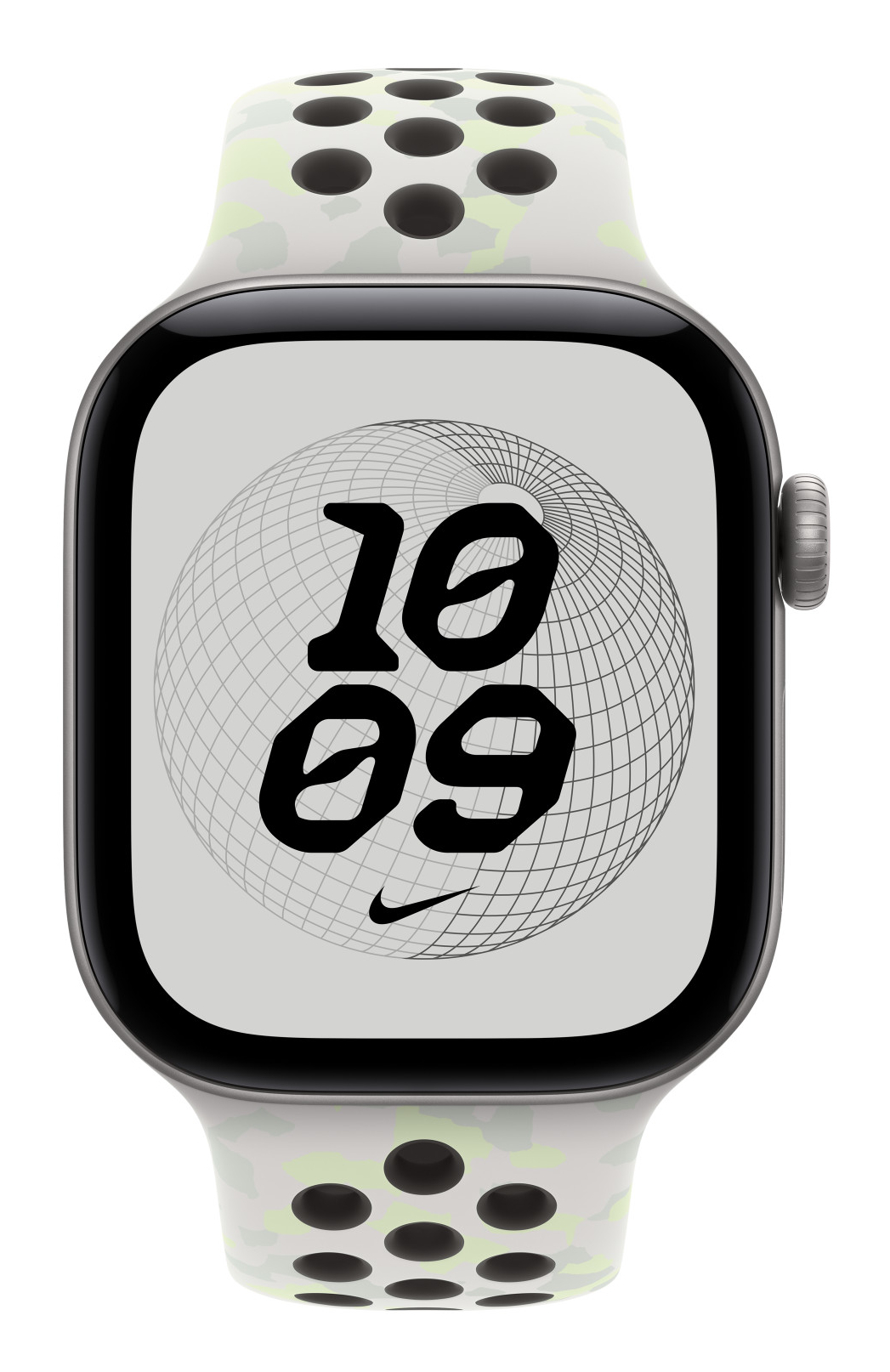 Szary smartwatch ze wzorzystym paskiem i tarczą pokazującą godzinę 10:09 oraz globus.