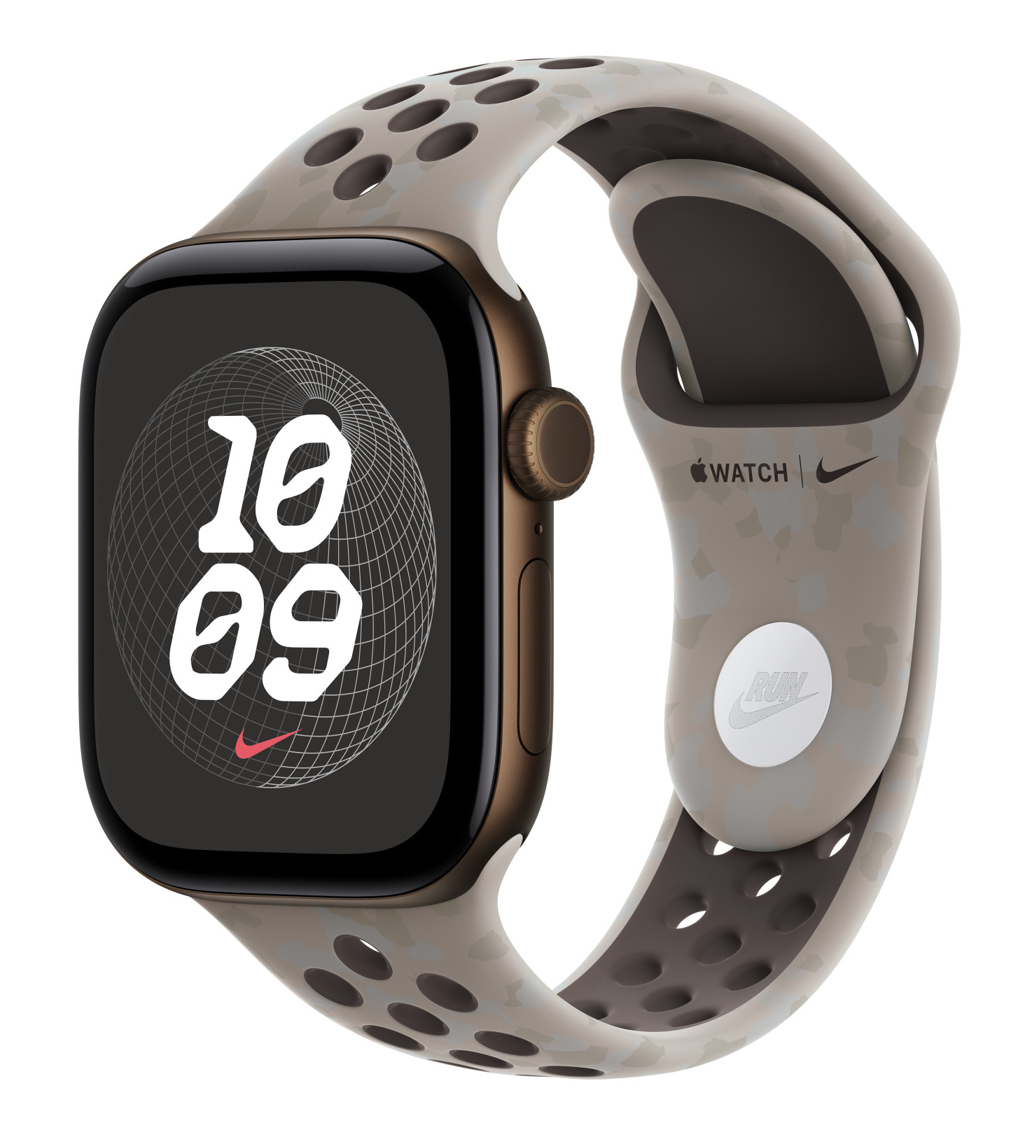 Apple Watch z brązową kopertą i wzorzystym, perforowanym paskiem sportowym Nike.