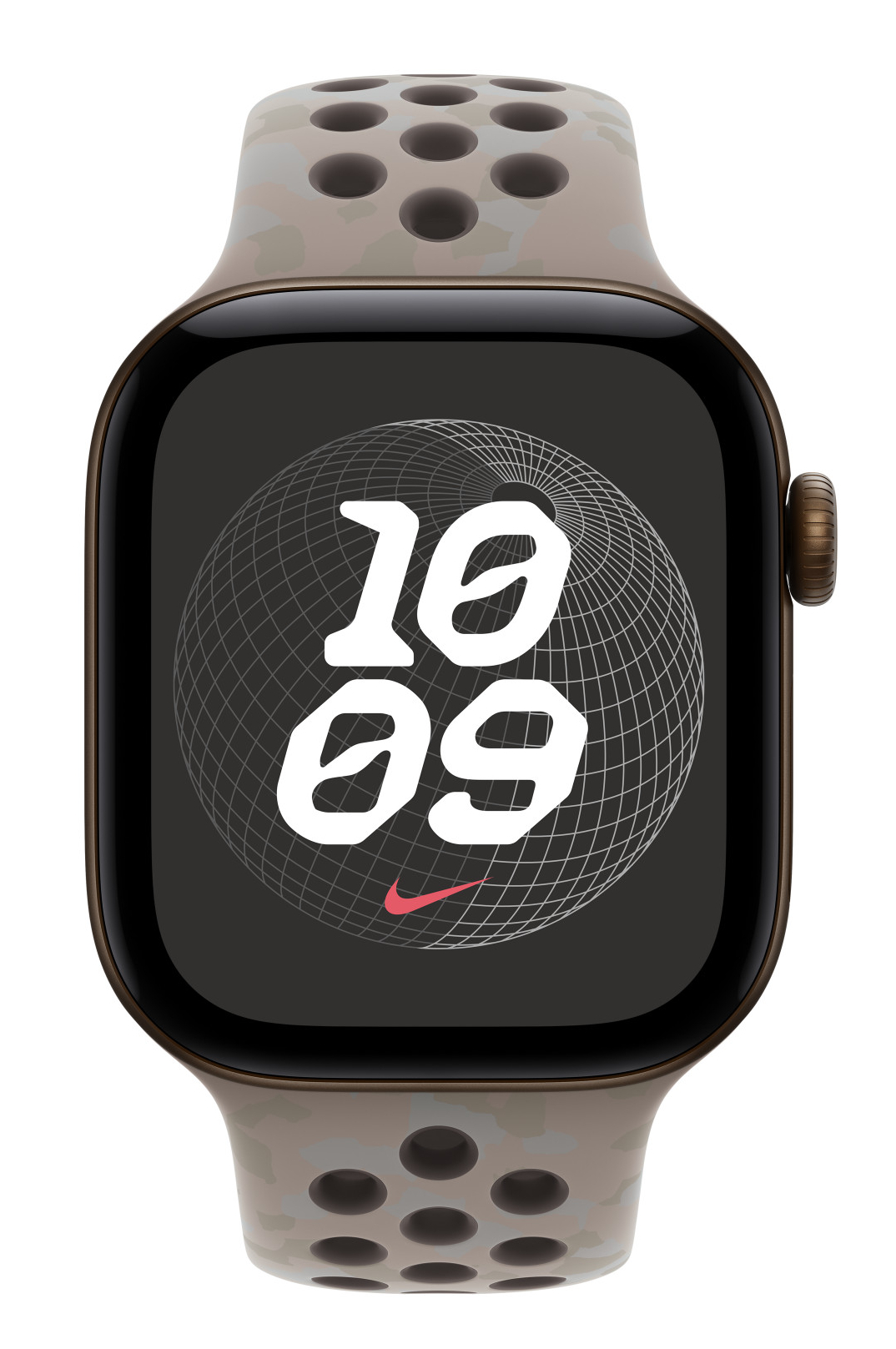 Smartwatch w brązowej kopercie, z perforowanym paskiem i cyfrową tarczą wskazującą 10:09.