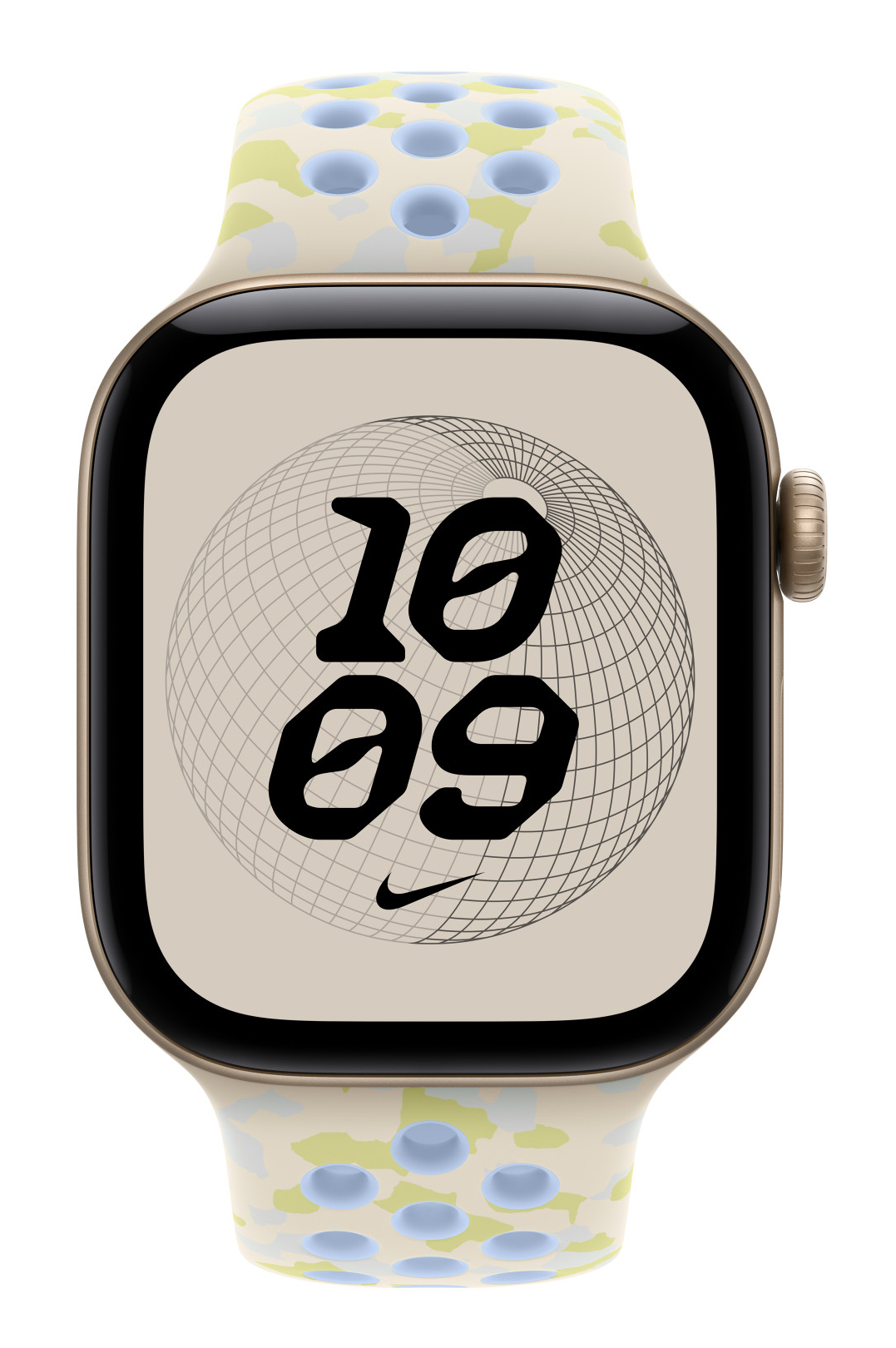 Smartwatch w beżowej kopercie i wzorzystym pasku, na ekranie godzina 10:09 i grafika siatki globu.