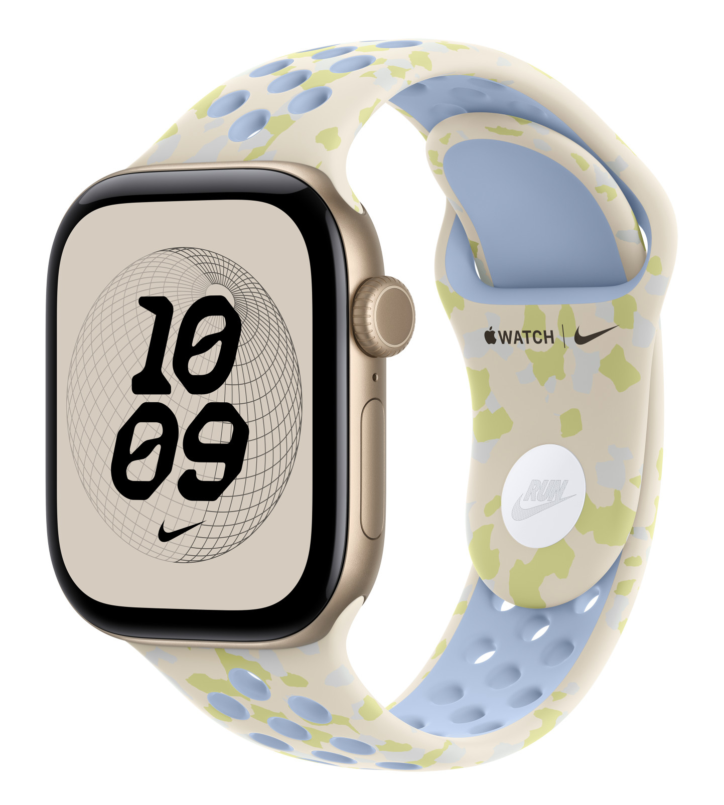 Złoty Apple Watch z beżowym paski sportowym Nike z niebieskimi i żółtymi plamkami.