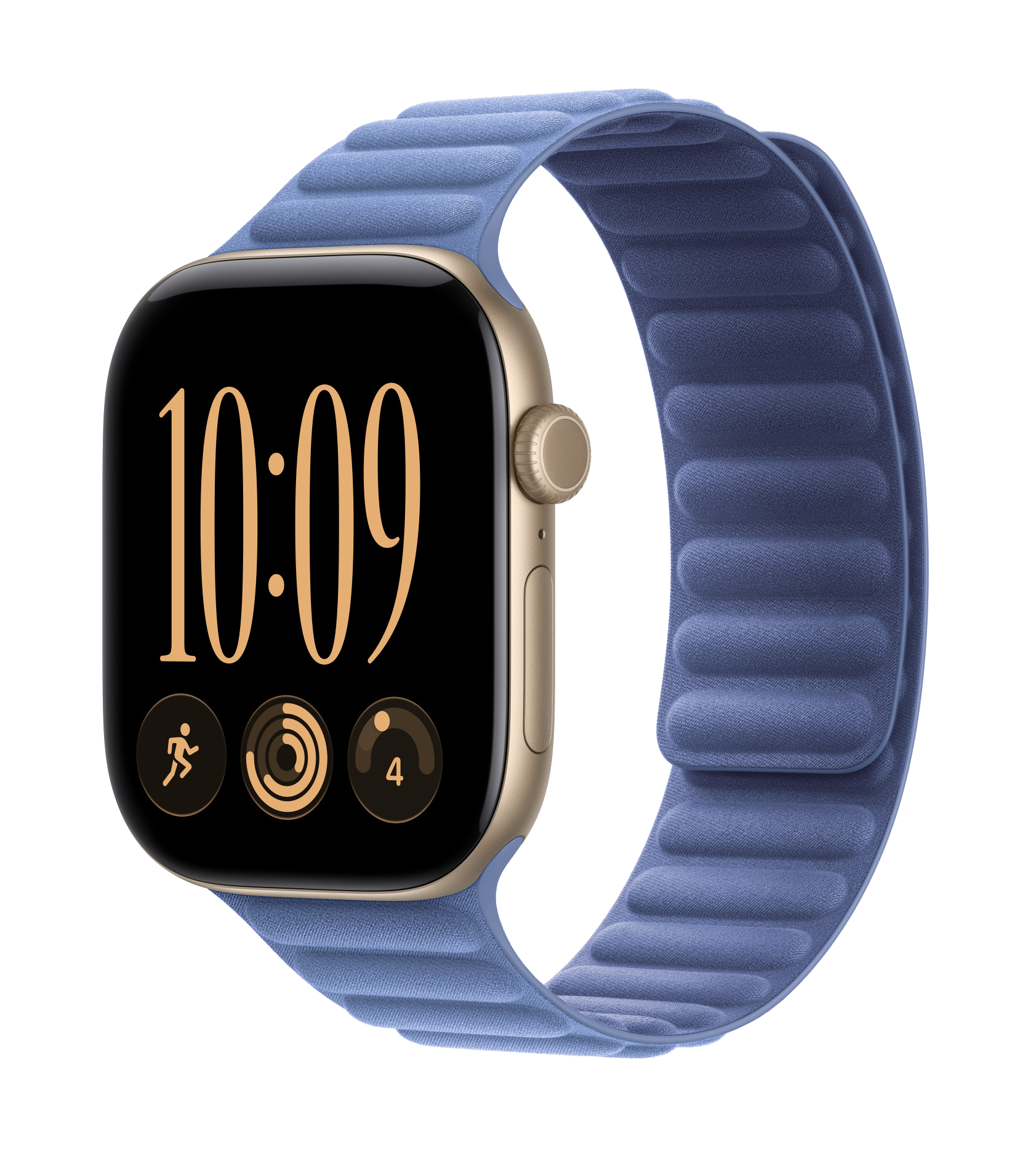 Złoty smartwatch z niebieskim, prążkowanym paskiem magnetycznym i cyfrową tarczą pokazującą 10:09 na czarnym tle.