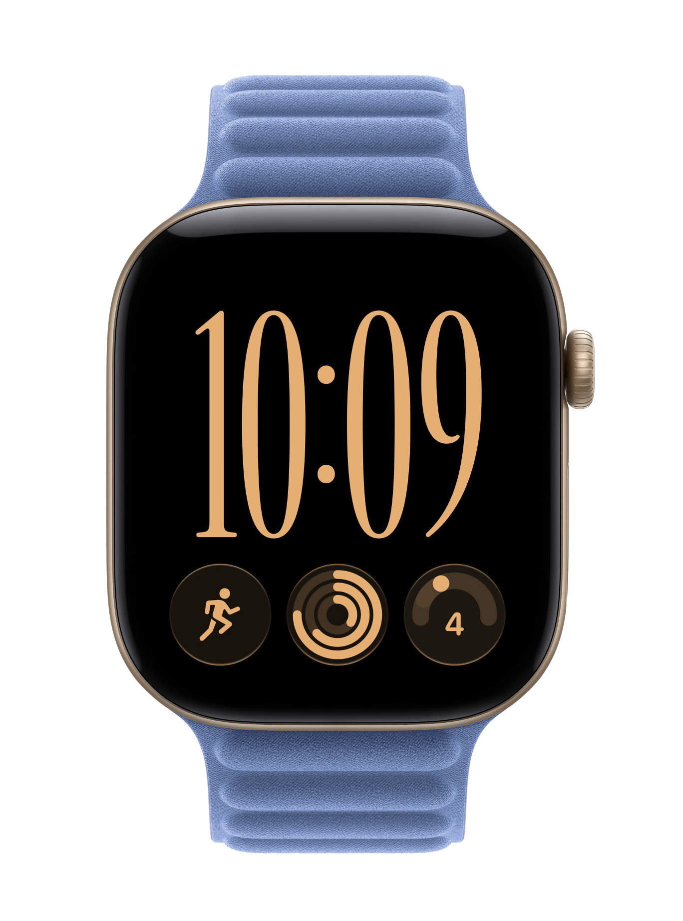 Smartwatch z niebieskim paskiem z tkaniny wyświetla godzinę 10:09 i trzy okrągłe ikony na czarnym ekranie.