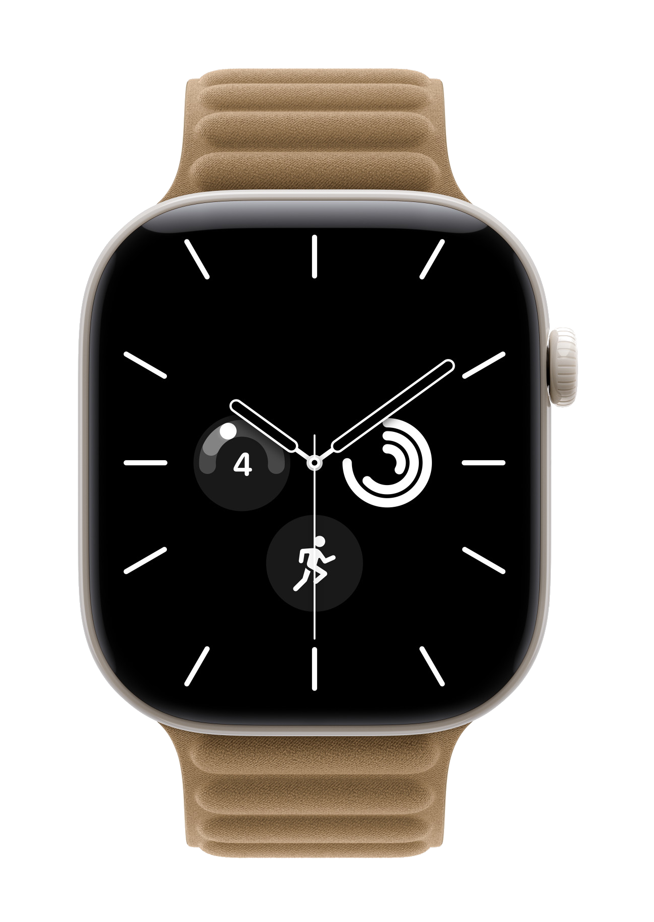 Apple Watch z beżowym skórzanym paskiem pokazuje czarną tarczę ze wskazówkami analogowymi i widżetami aktywności.