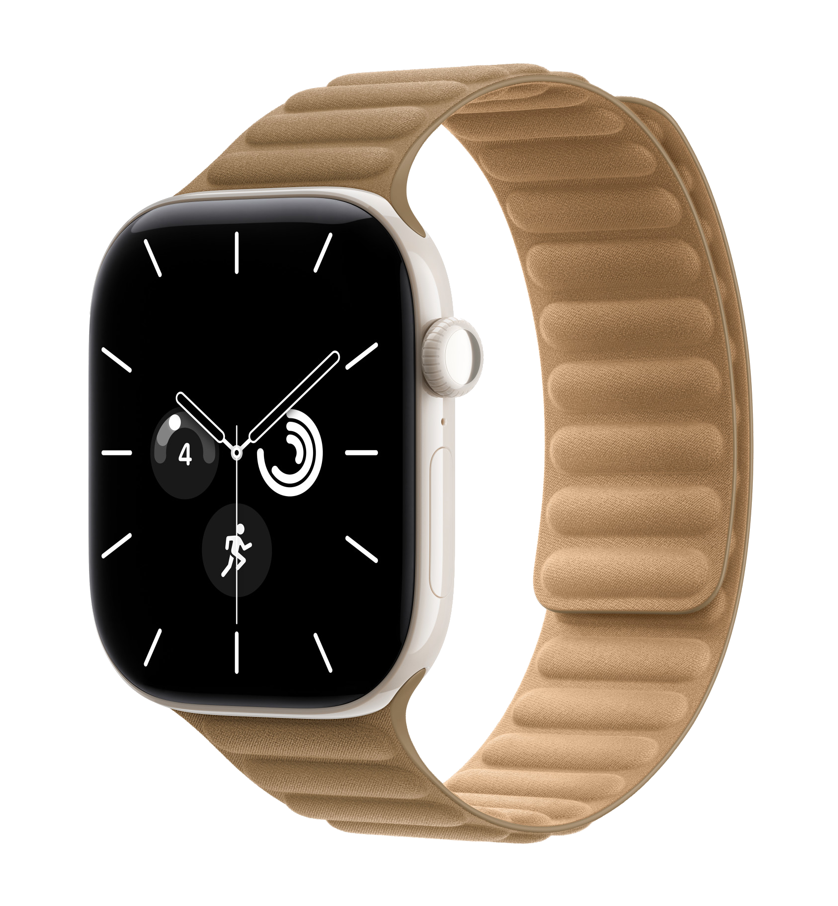Smartwatch z białą kopertą i brązowym skórzanym paskiem na czarnym tle.