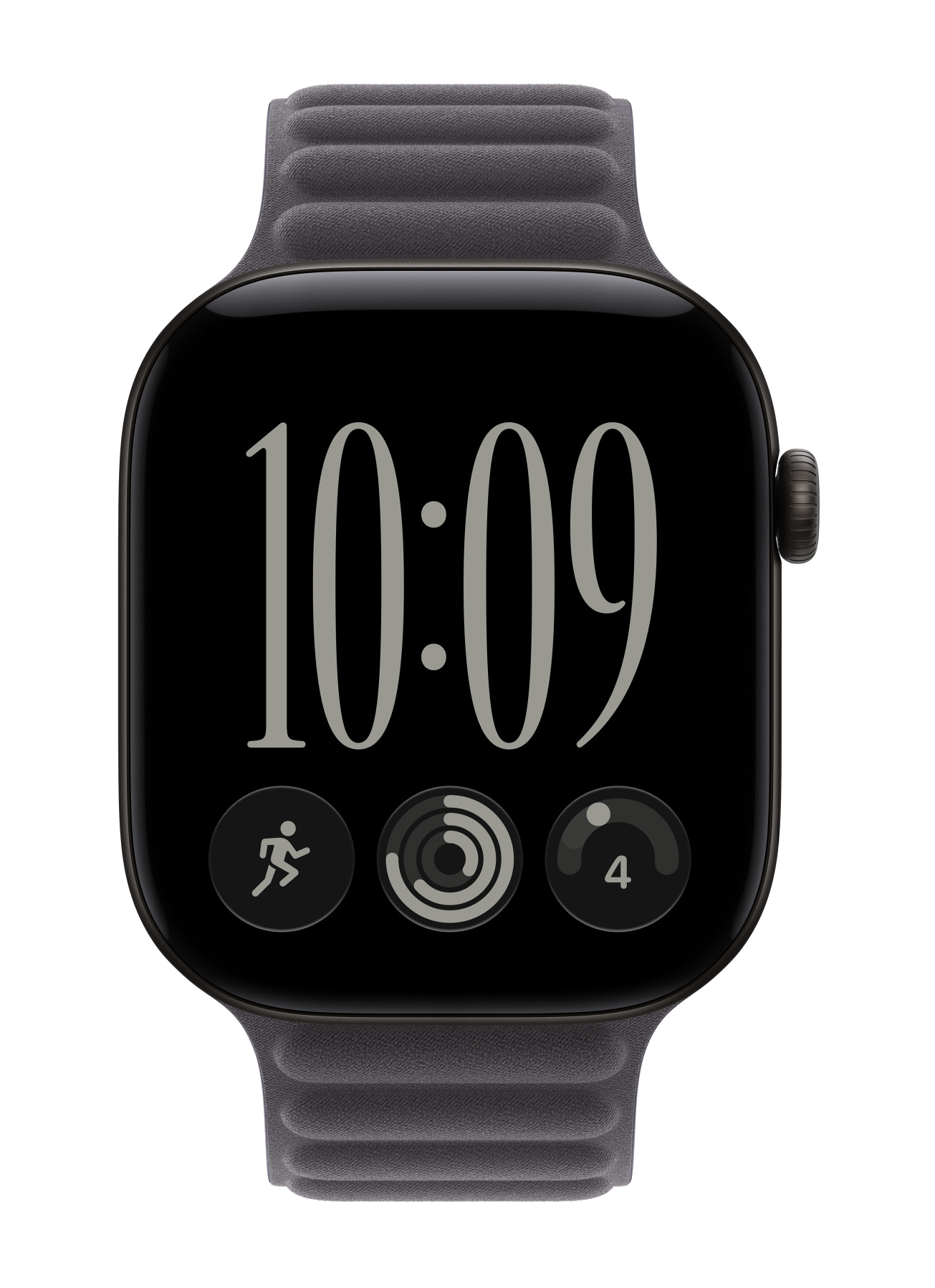 Czarny smartwatch z szarymi paskami pokazuje godzinę 10:09 i ikony aktywności na ekranie.