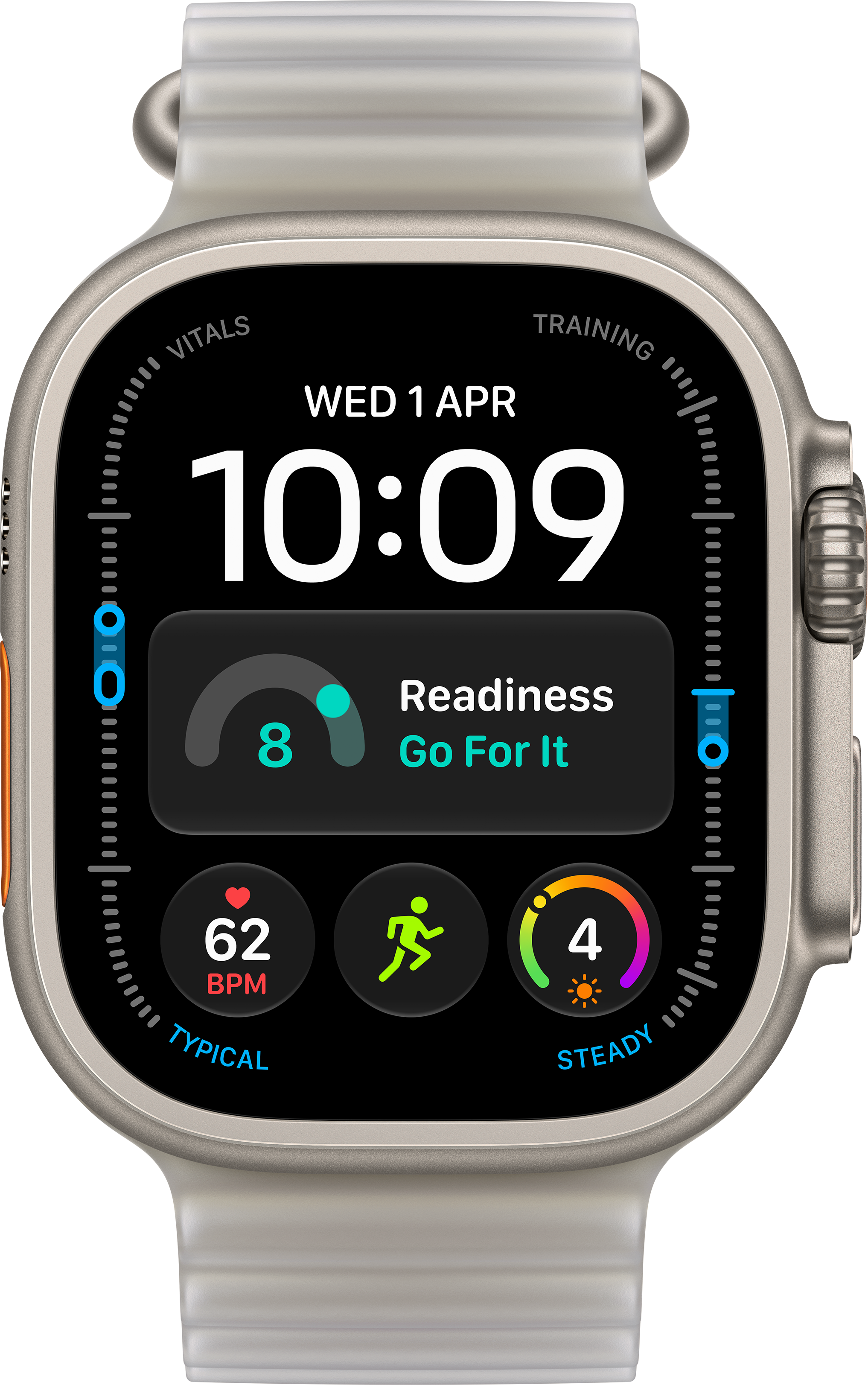 Montre connectée à écran noir, heure 10:09, signes vitaux et icônes de fitness sur boîtier argenté.