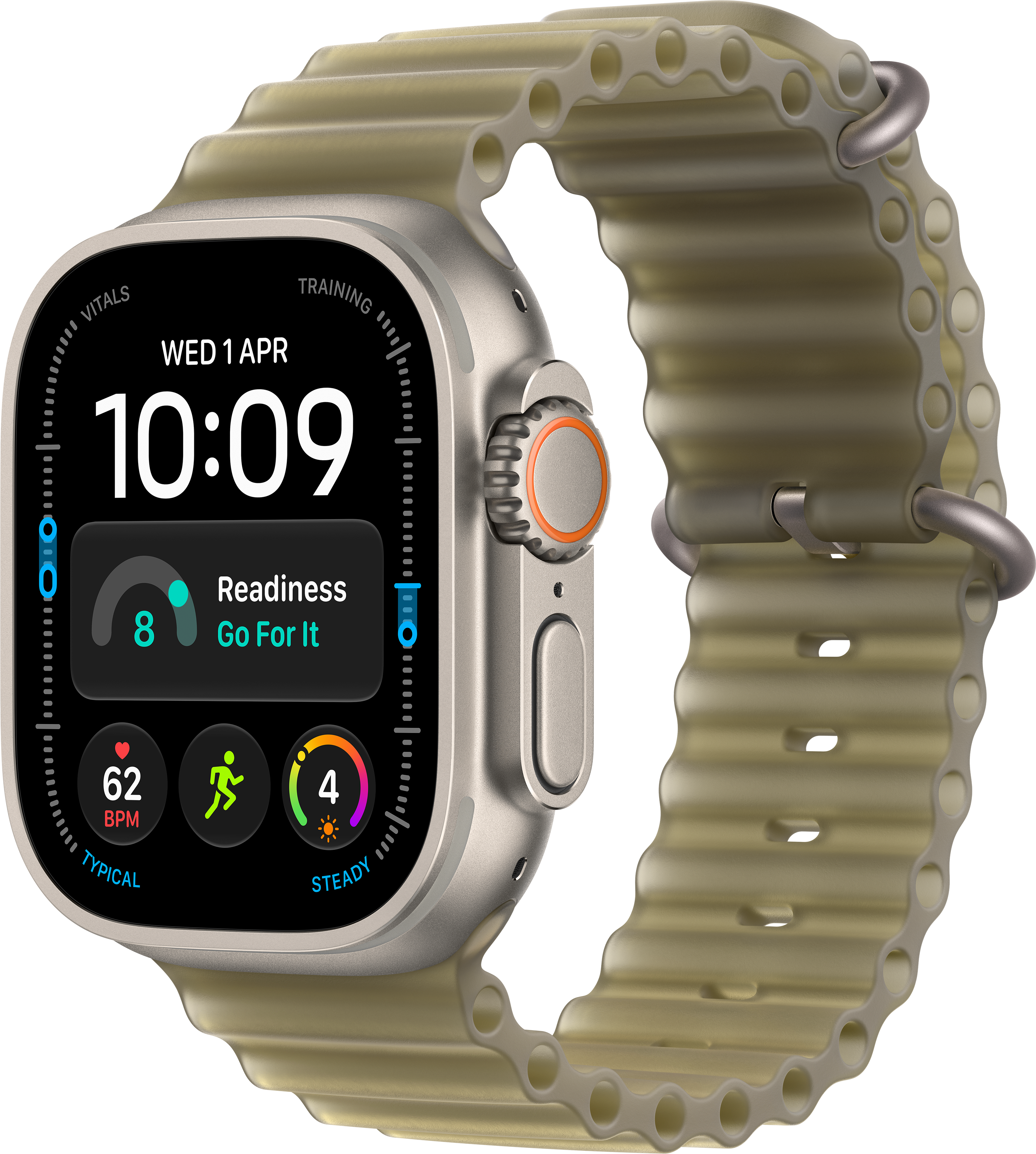 Une montre connectée avec bracelet beige côtelé et écran noir sur fond noir.