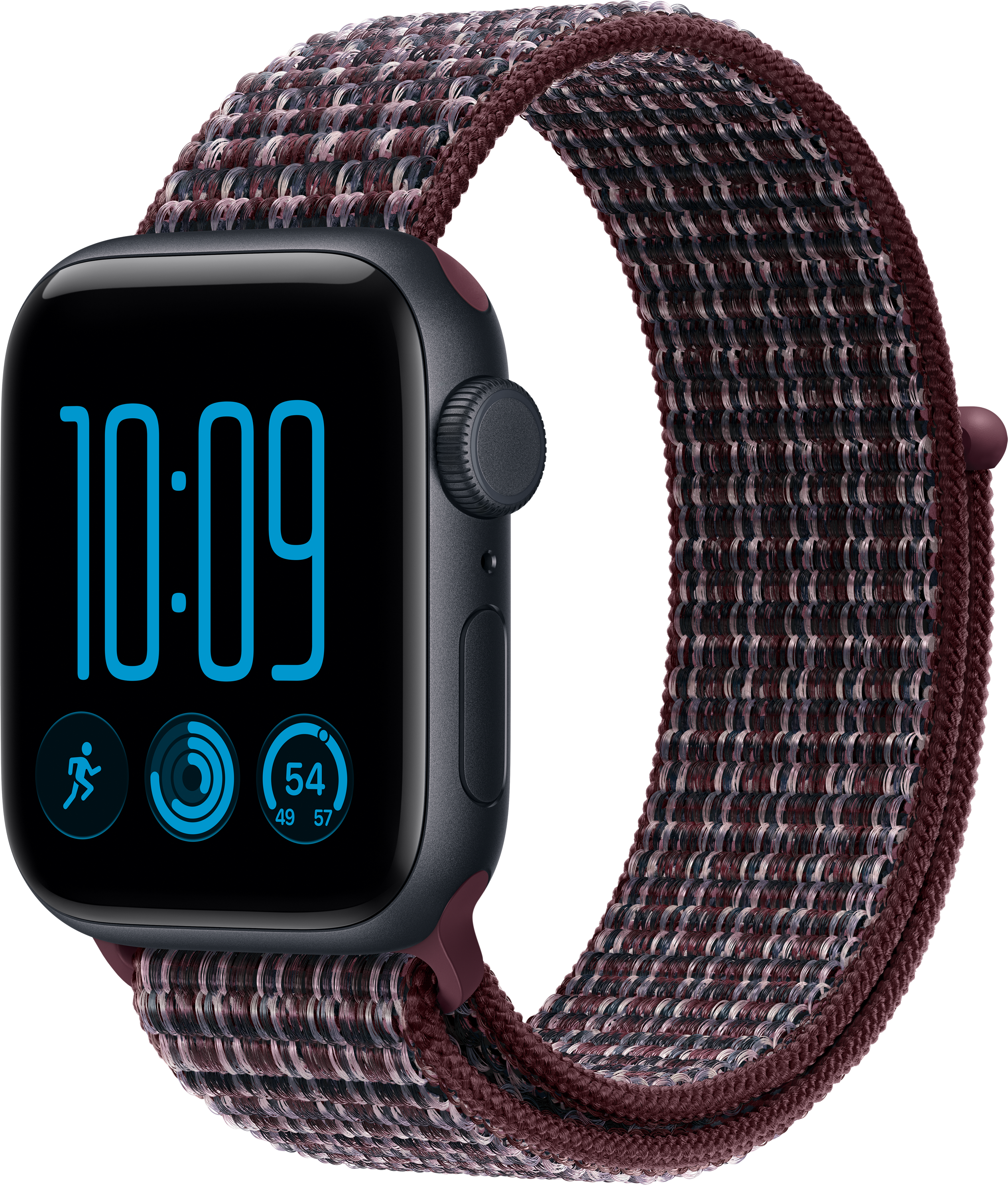 Uno smartwatch con cinturino in tessuto scuro mostra le 10:09 e icone di attività blu su sfondo nero.